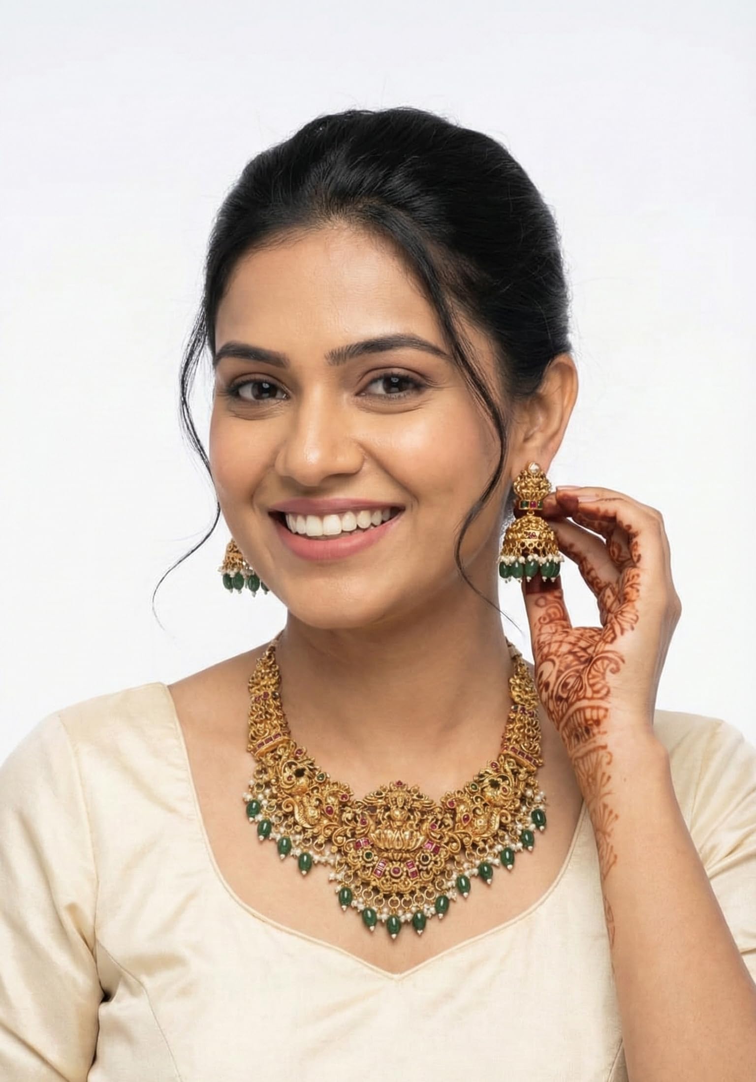 DIKSHA COLLECTION South Indian Temple Jewellery Set | Antique Gold Plated Lakshmi Long Necklace with Green Bead Drops & Jhumka Earrings | Traditional Kemp Stone Bridal Jewellery for Women