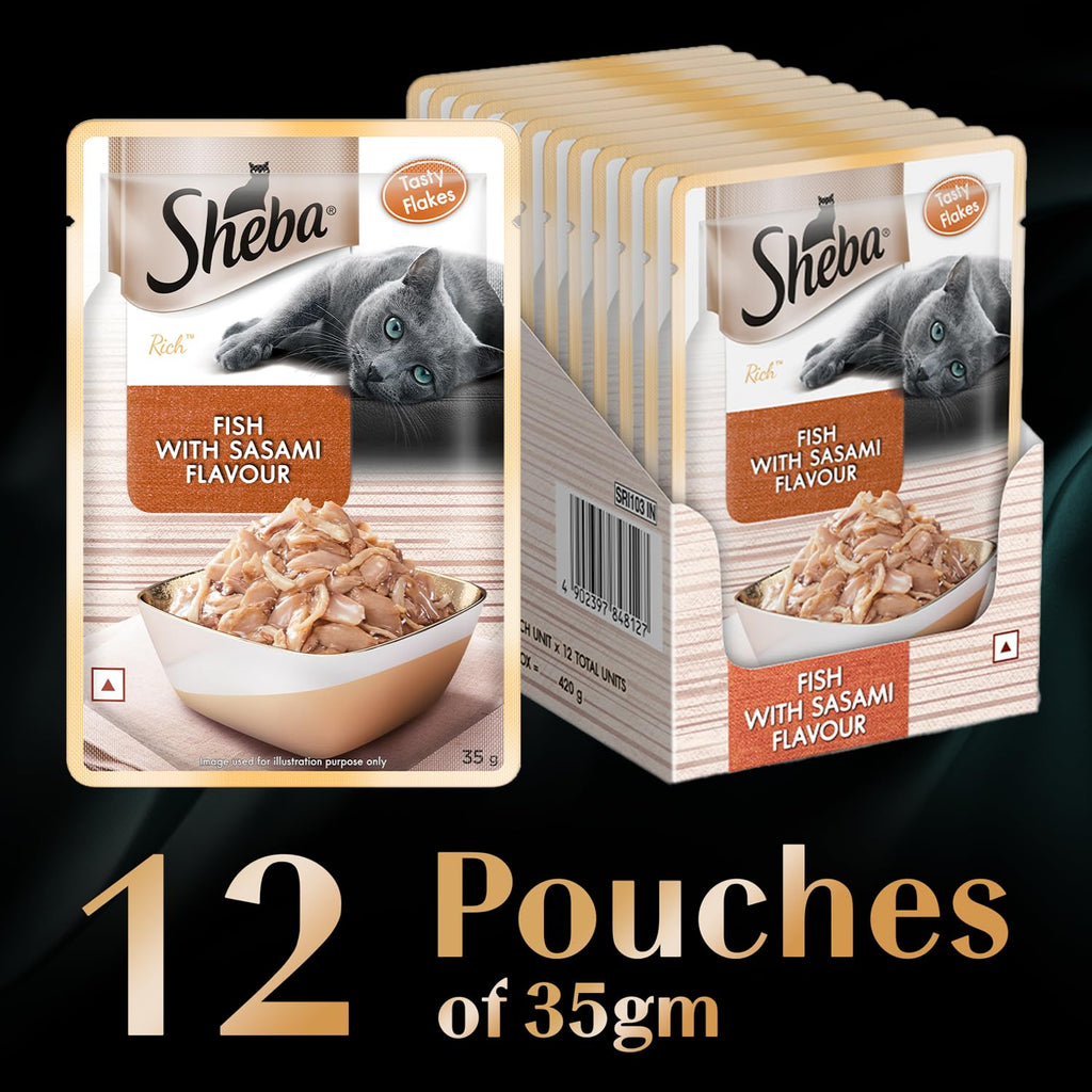 Sheba Rich Premium Adult (1+ Years) Wet Cat Food, Fish with Sasami Flavour, 35 g Pouch (Pack of 12), High-moisture wet food for healthy hydration