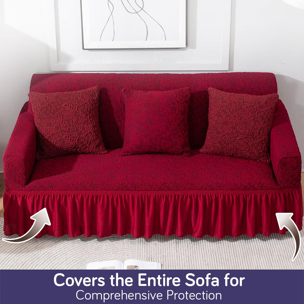 HOKIPO 3 Seater Sofa Cover Stretchable Jacquard Fabric | Elastic Bottom Slipcover with Frill Skirt | Thick 240 GSM Couch Cover | Washable Living Room Sofa Protector, Wine Red (AR-4648-J1)