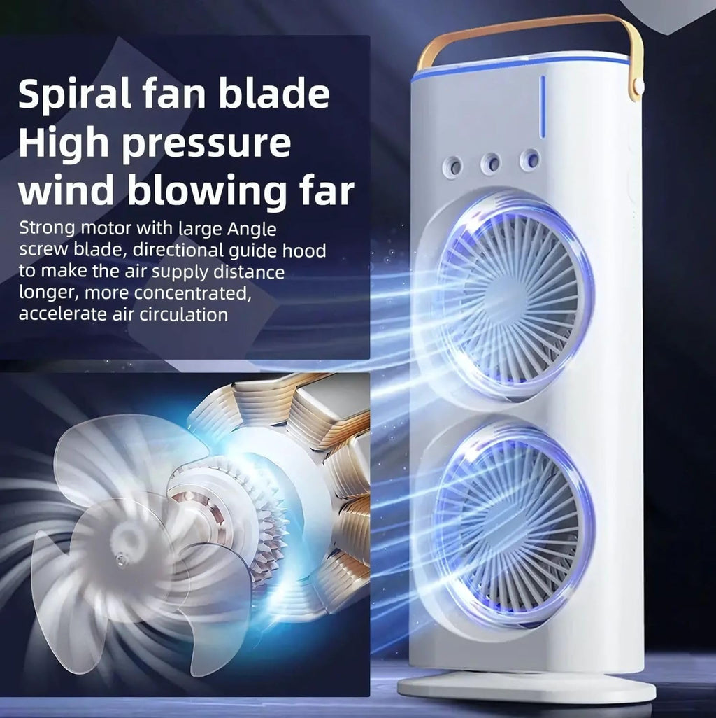 Portable Air Cooler Fan with Mist Function, Dual Fan Design, 700ml Water Tank, USB Powered, Remote Control, LED Light, Timer Settings, Carry Handle (Double Ended Spray Air Cooler Fan)
