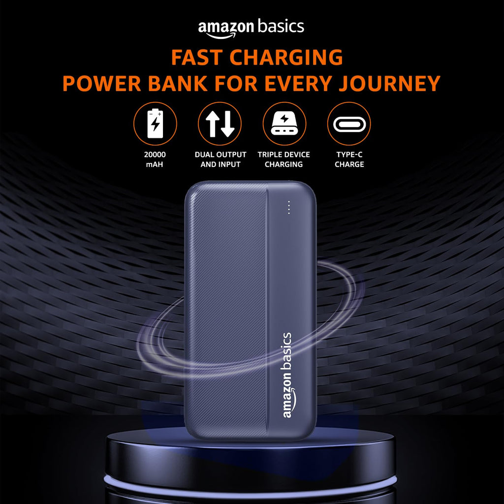 Amazon Basics 20000 mAh Power Bank | 22.5W Fast Charging | Dual Output & Input | Charge 3 Devices Simultaneously | for Smartphones, TWS Earbuds, Speakers, Tablets (Dark Blue)