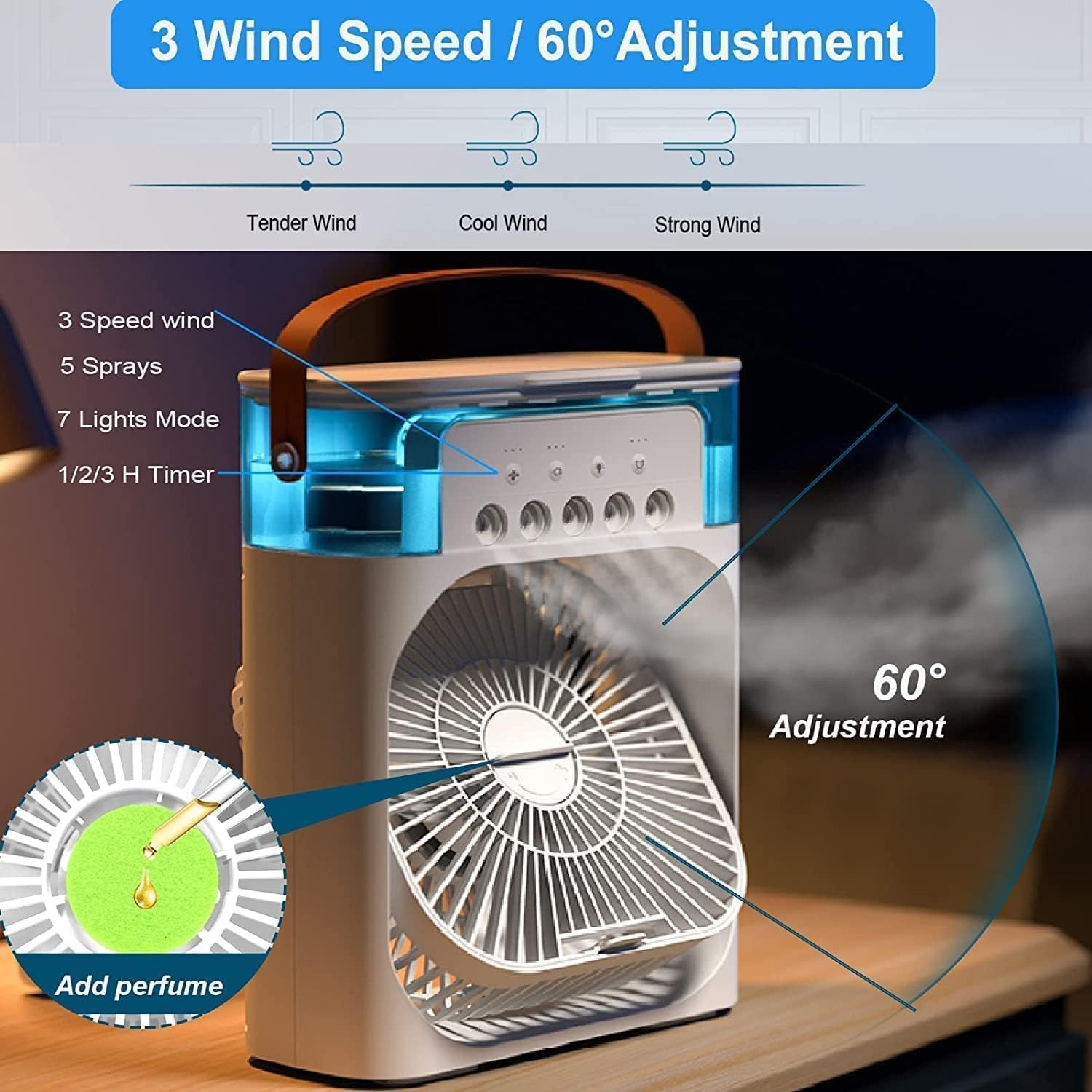Portable Air Cooler Fan with Water Tank & USB Power - Mini Personal Evaporative Cooler with 3 Speeds, Mist Humidifier, LED Light, Quiet Cooling for Home, Office, Bedroom (Multicolor) (Style 2)