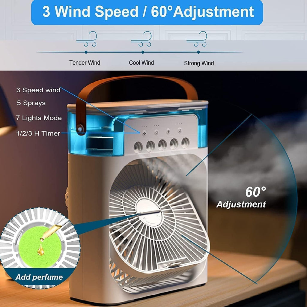 eumqestoer Portable Air Cooler Fan with Water Tank & USB Power - Mini Personal Evaporative Cooler with 3 Speeds, Mist Humidifier, LED Light, Quiet Cooling for Home, Office, Bedroom (MultiColor)