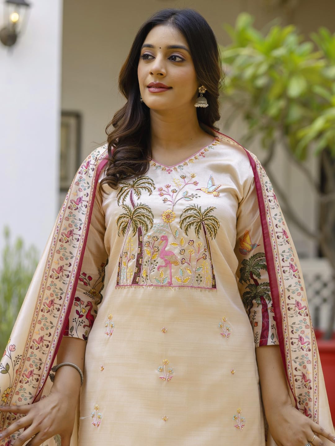 VredeVogel Women's Beads Embroidered Viscose Assam Silk Kurta Pant Set with Printed Dupatta | Festive & Casual Ethnic Kurta Sets for Women (Cream-M)