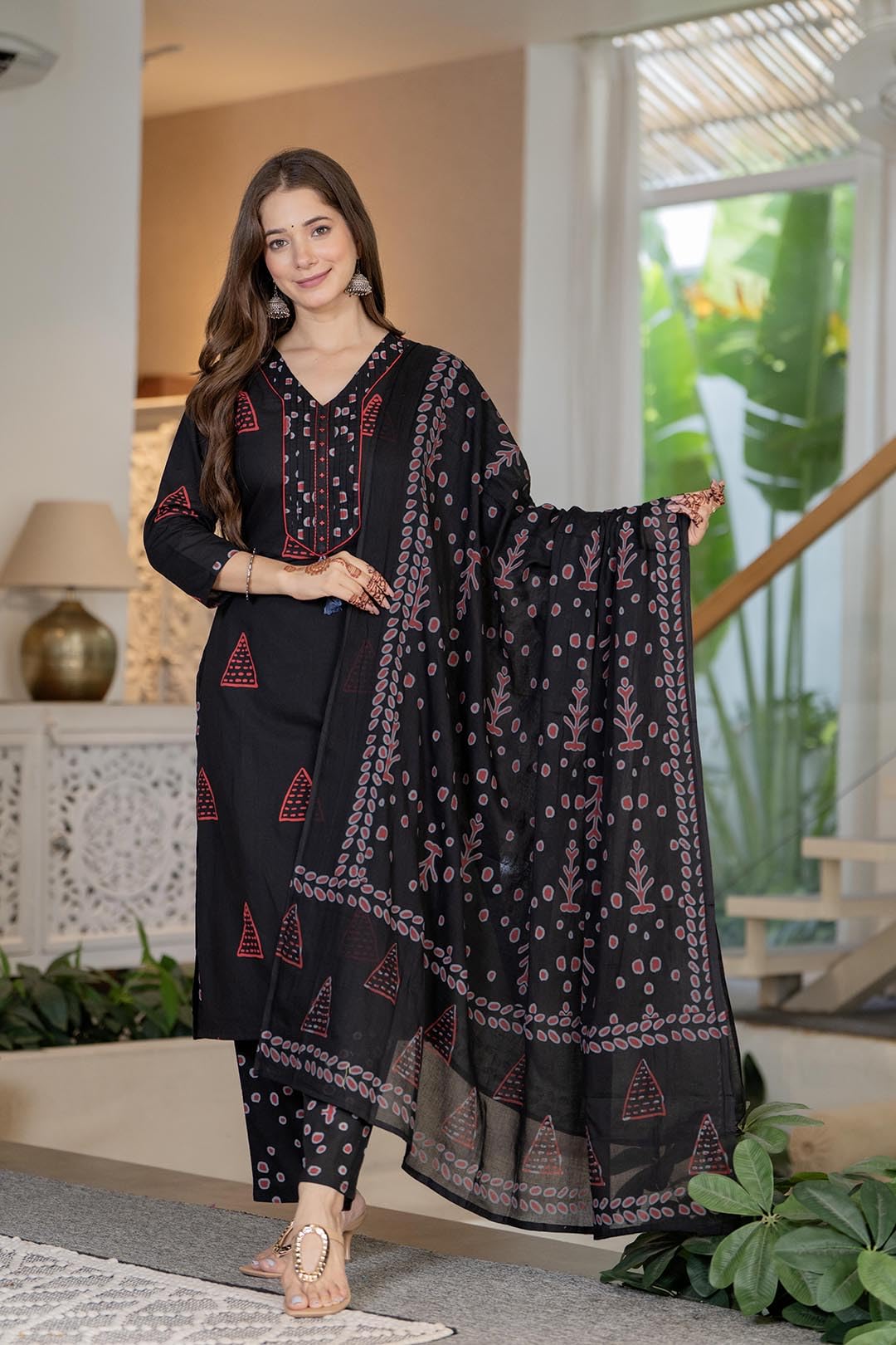PARTHVI Women's Pure Cotton Printed Straight Kurta Set with Palazzo Pants & Dupatta- Ethnic Wear, Black