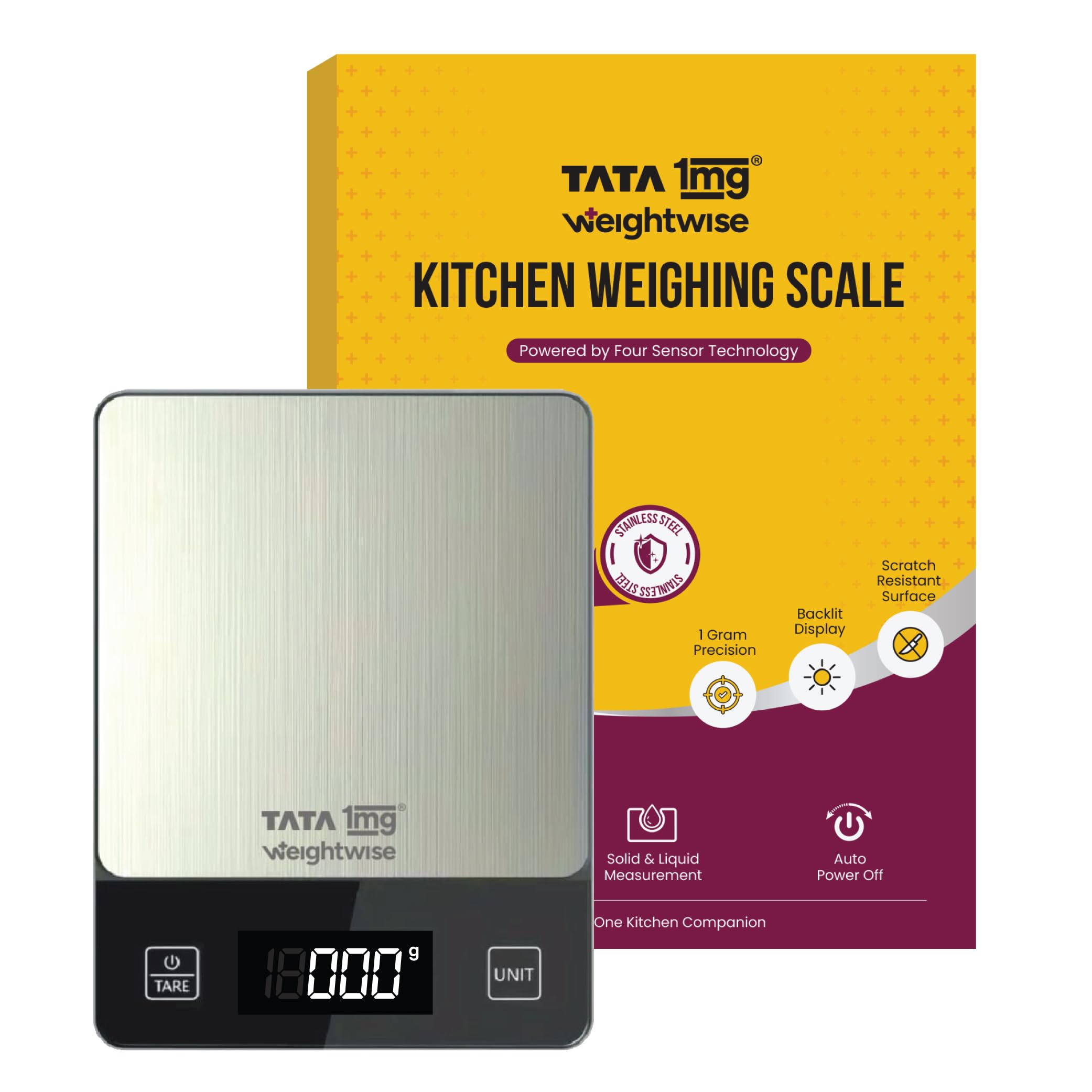 Tata 1mg Weightwise Kitchen Weighing Scale | 1g Precision | Stainless Steel | Max Capacity 5 kg | Auto Power-Off Feature | Ideal for Daily Diet Tracking, Portion Control and Weight Management Goals