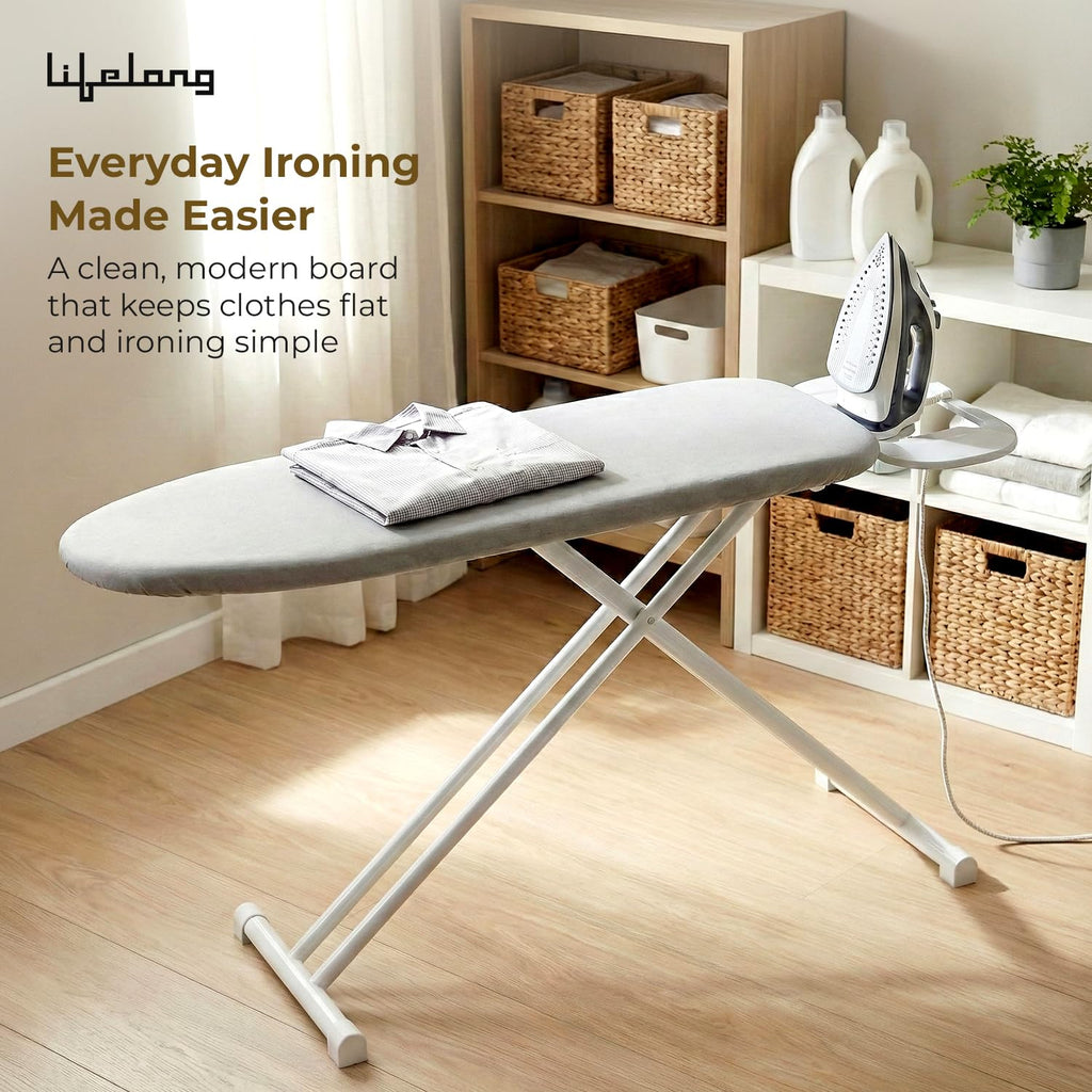 Lifelong Foldable Ironing Board with Silver Heat-Resistant Cover|Heavy-Duty & Sturdy Iron Board with Iron Stand|Adjustable Height, Non-Slip Legs,Portable & Space Saving Design for Easy Ironing at Home