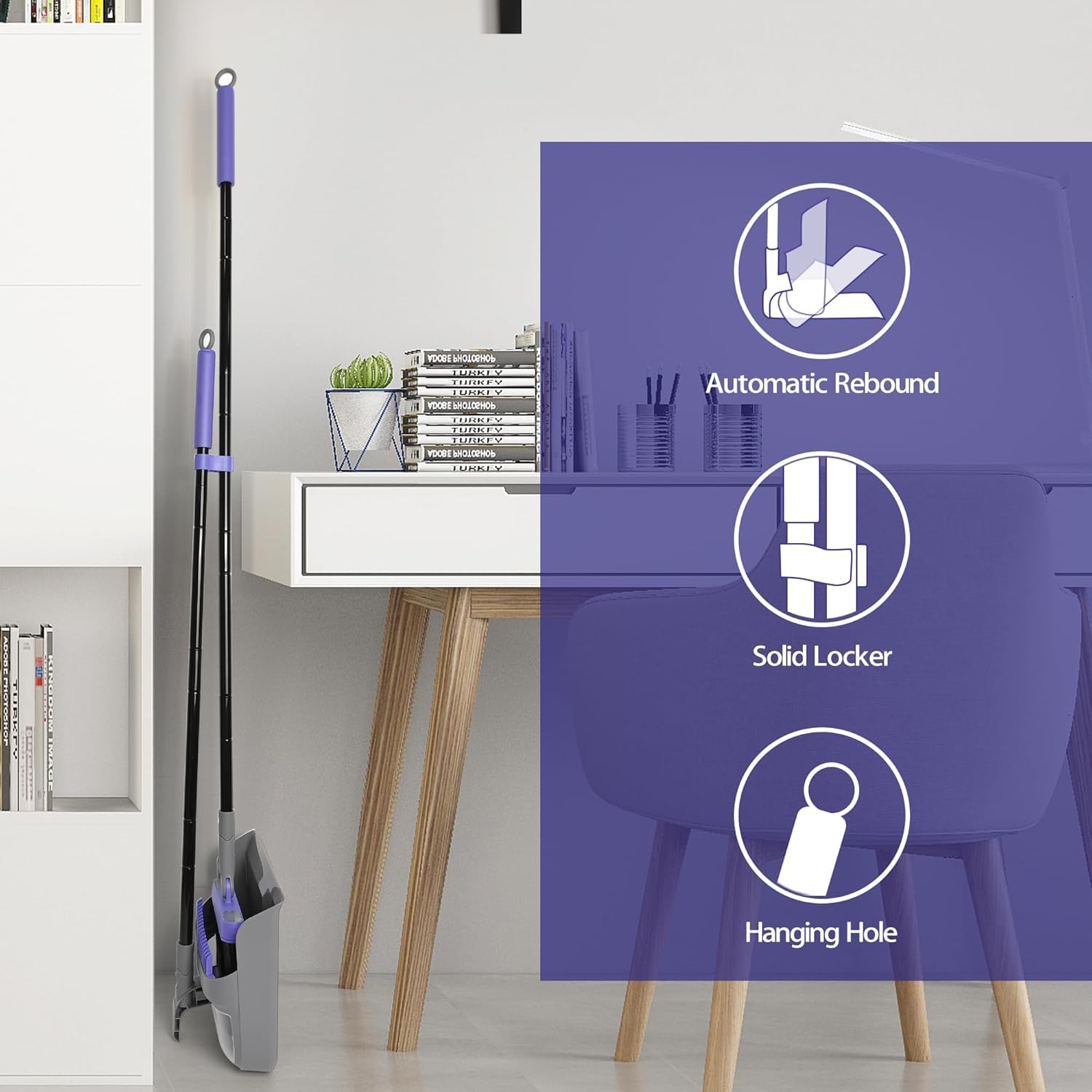 SELLWIZE Broom and Dustpan Set for Home, Long Adjustable Handle Broom with Stand Up Dustpan, 180 Degree Rotating Broom Head & Comb Teeth - Indoor Sweeping Combo for Kitchen Lobby Floor Office
