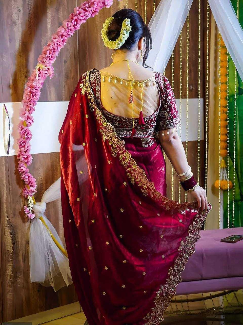 Sareya Veela Designer Sequins and Jari Thread Embroidery Work Saree with Elegant Border and Intricate Cutwork Detailing for Festive Wedding (Maroon)