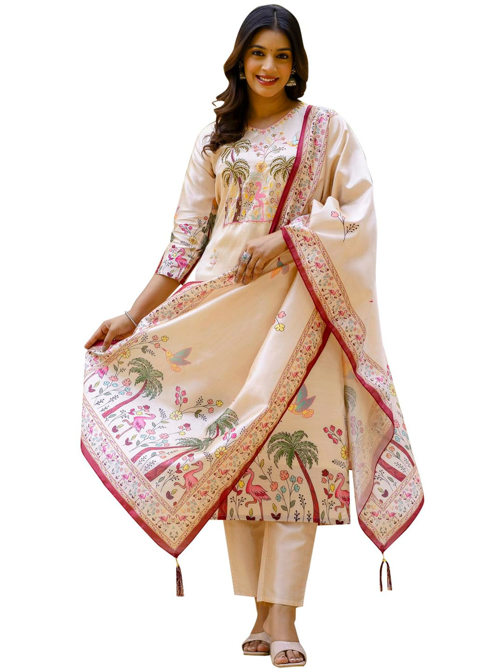 VredeVogel Women's Beads Embroidered Viscose Assam Silk Kurta Pant Set with Printed Dupatta | Festive & Casual Ethnic Kurta Sets for Women (Cream-M)