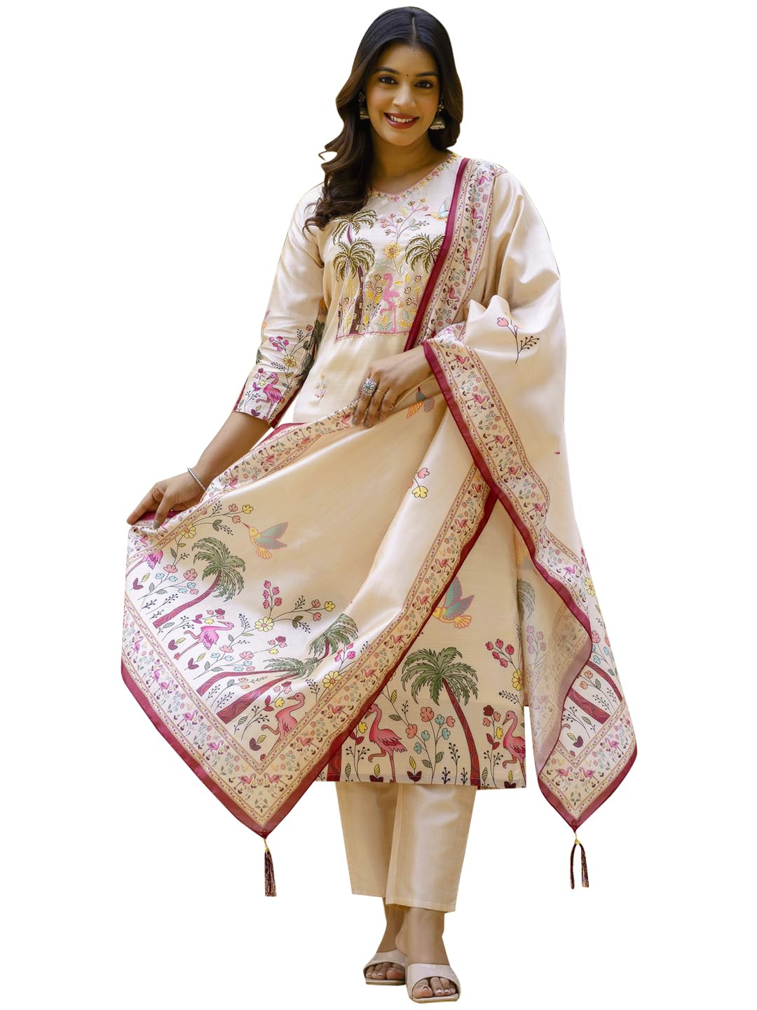 VredeVogel Women's Beads Embroidered Viscose Assam Silk Kurta Pant Set with Printed Dupatta | Festive & Casual Ethnic Kurta Sets for Women (Cream-M)