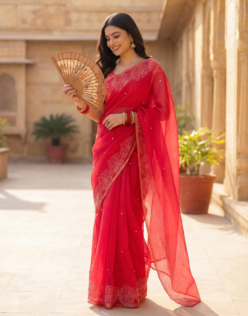 SIRIL Women's cotton Printed, Zari Border One Minute Ready To Wear Saree With Unstitched Blouse Piece(97RS387_Red)