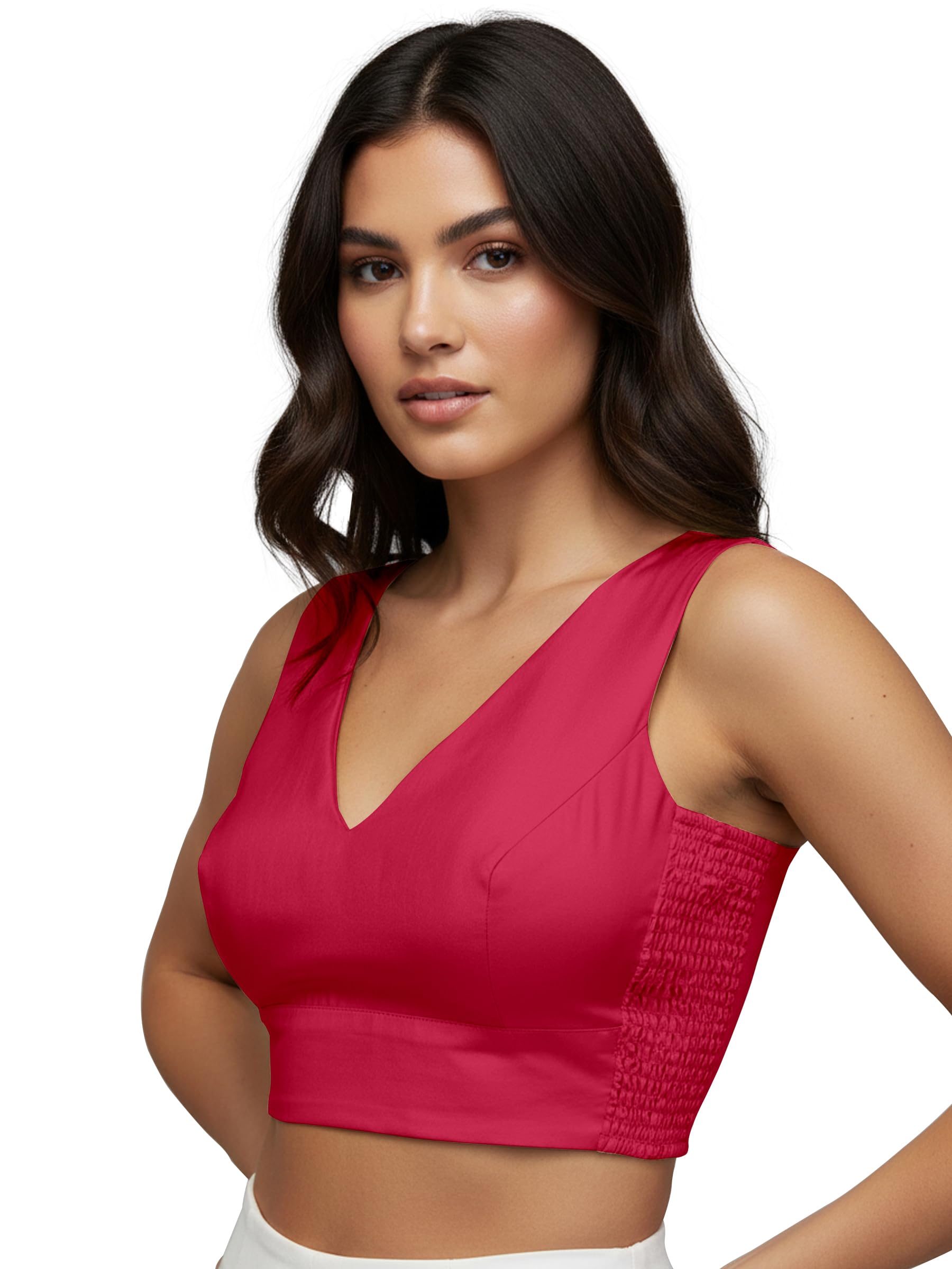 Mehrang V-Neck Taffeta Padded Sleeveless, Back Hook Closure with Smocked Side Panel, String or tie, Readymade Saree Blouse for Women (Pink, S)