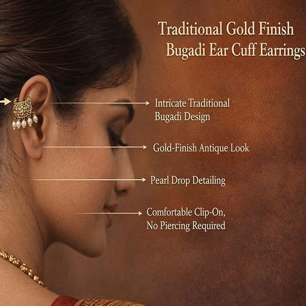 VAMA FASHIONS Traditional 18K Gold Plated South Indian Bugadi Bigadi Ear Cuff Earrings Temple Jewellery Pearl Drop Helix Ear Rings Maharashtrian Jewellery for Women