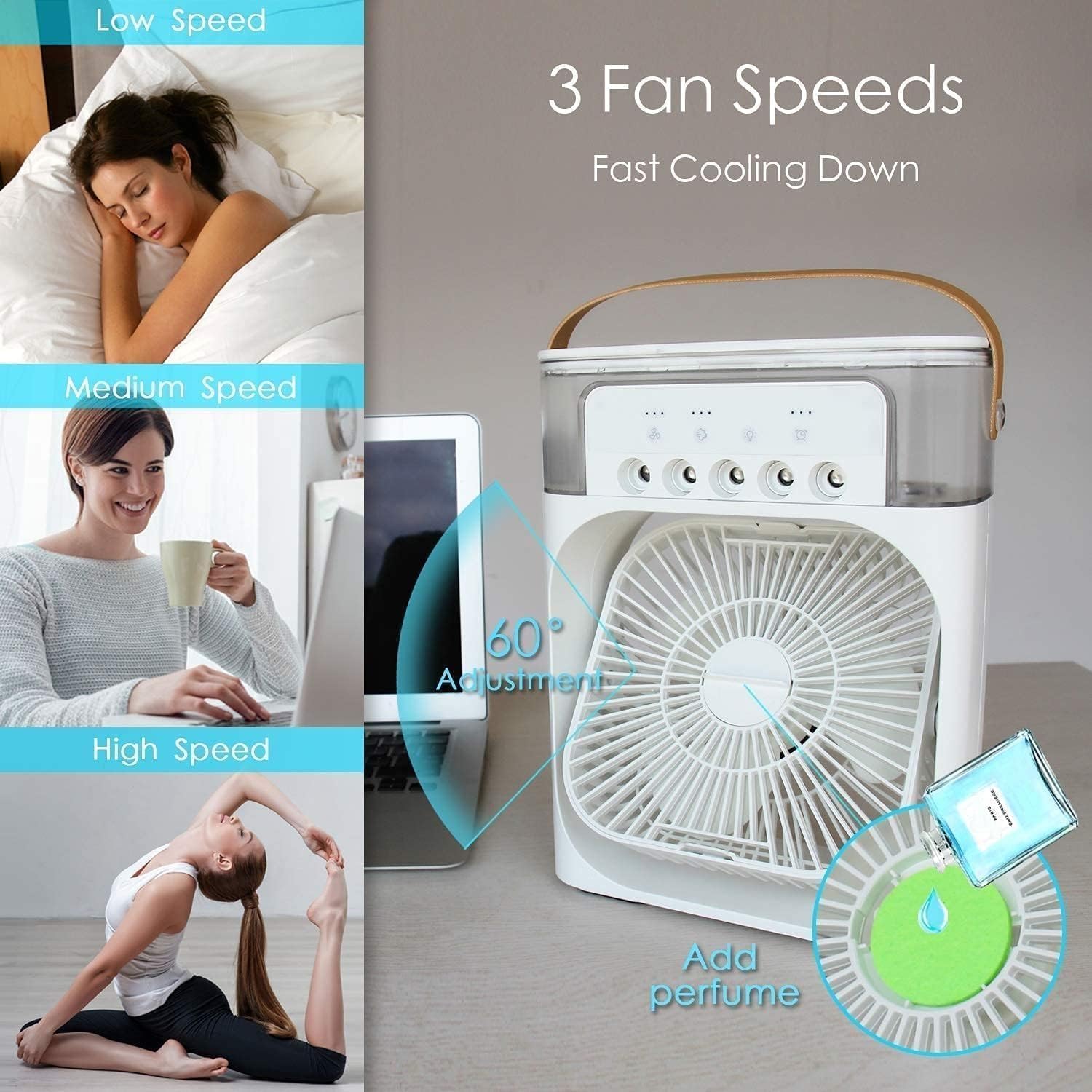 Portable Air Cooler Fan with Water Tank & USB Power - Mini Personal Evaporative Cooler with 3 Speeds, Mist Humidifier, LED Light, Quiet Cooling for Home, Office, Bedroom (Multicolor) (Style 2)