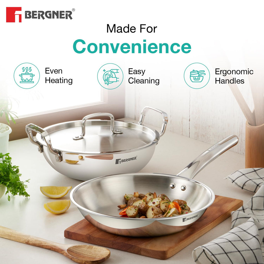 Bergner TriPro 4 Pcs Tri-Ply Stainless Steel Induction Bottom Cookware Set - 22cm (2.1L) Kadai and 22cm (1L) Frypan with Common Stainless Steel Lid, 14cm (1.1L) Teapan, Less Oil Use, Easy to Clean