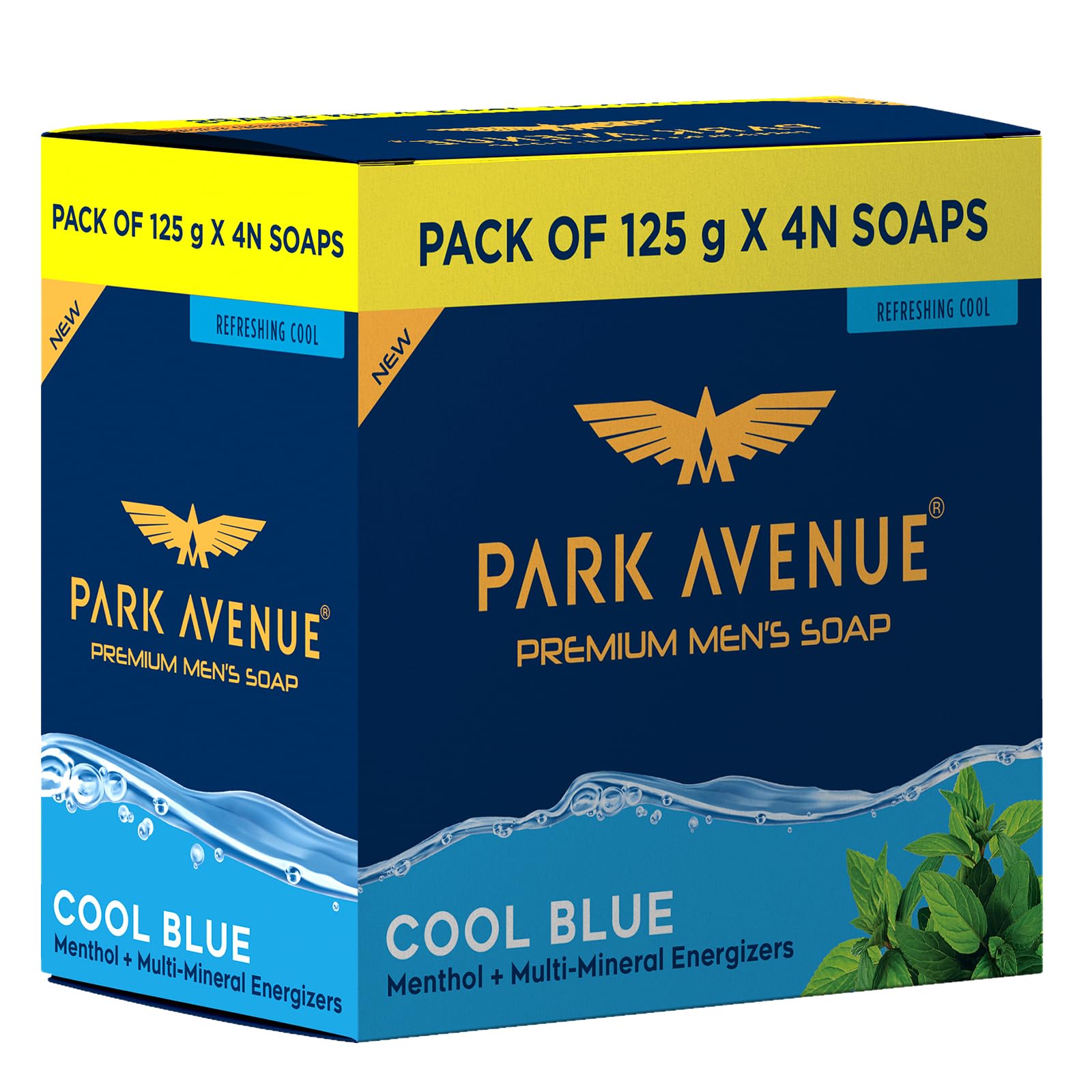 Park Avenue Premium Men’s Soaps for Bath – Cool Blue | 125g (Pack of 4) | Menthol & Mineral Energizer | Grade 1 Soap | For All Skin Types