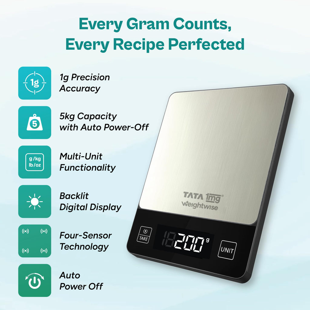 Tata 1mg Weightwise Kitchen Weighing Scale | 1g Precision | Stainless Steel | Max Capacity 5 kg | Auto Power-Off Feature | Ideal for Daily Diet Tracking, Portion Control and Weight Management Goals