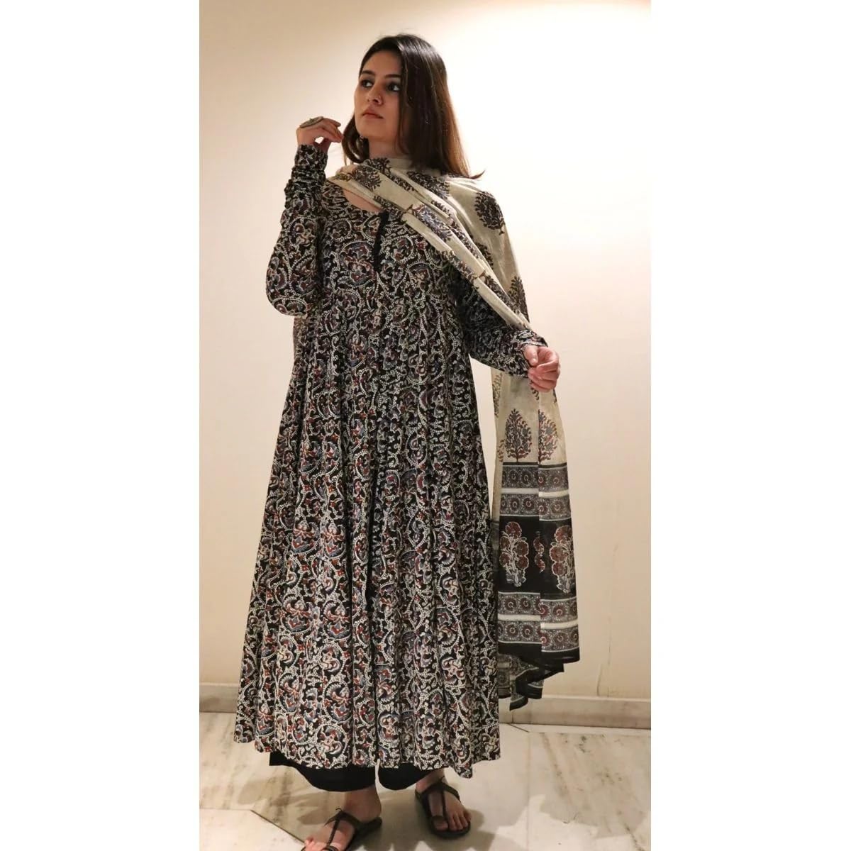 Nermosa Women Printed Anarkali Kurta and Pant Set with Dupatta | Printed Kurta Set | Cotton Suit | Women Kurta Sets | (IN, Alpha, XL, Standard, Black)