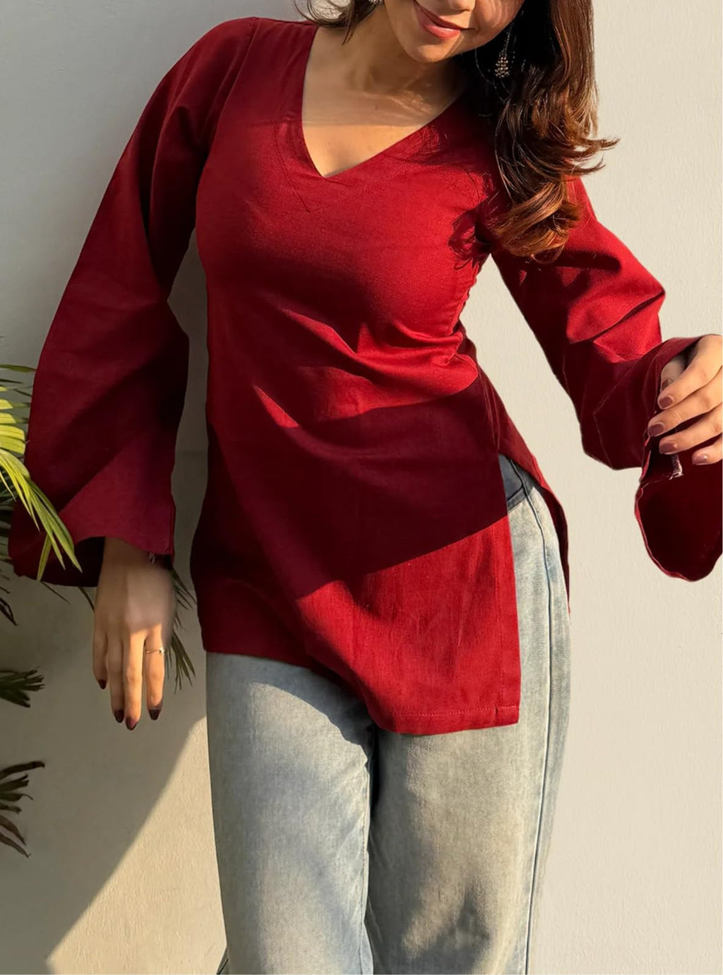 ANNI Designer Women's Viscose Blend Solid Short Kurti (Ayoti Red_S_Red_Small)