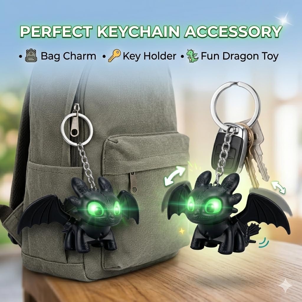 JB'S LAND 3D Dragon Keychain Toy with Moving Wings & LED Light,Night Fury Dragon Keychain, Mini Fantasy Creature Charm for Car Dashboard, Bike Keys, Backpack Bag Accessory & Kids Gift