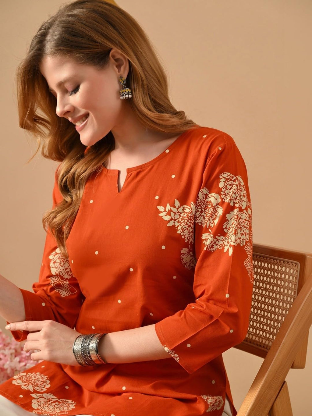 RAINDROP Women’s Printed Short Kurti for Girls | Regular Wear Flared Tunic Top | Stylish & Comfortable Rayon Kurti |Short Kurti Top Rust