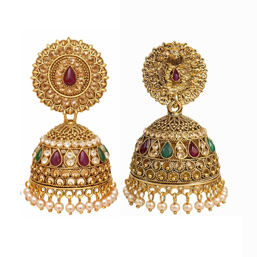 Gold Plated Kundan Pearl Jhumka Earrings for Women,Traditional Indian Bridal Ethnic Earrings for Wedding, Festive & Party, Pack of 1