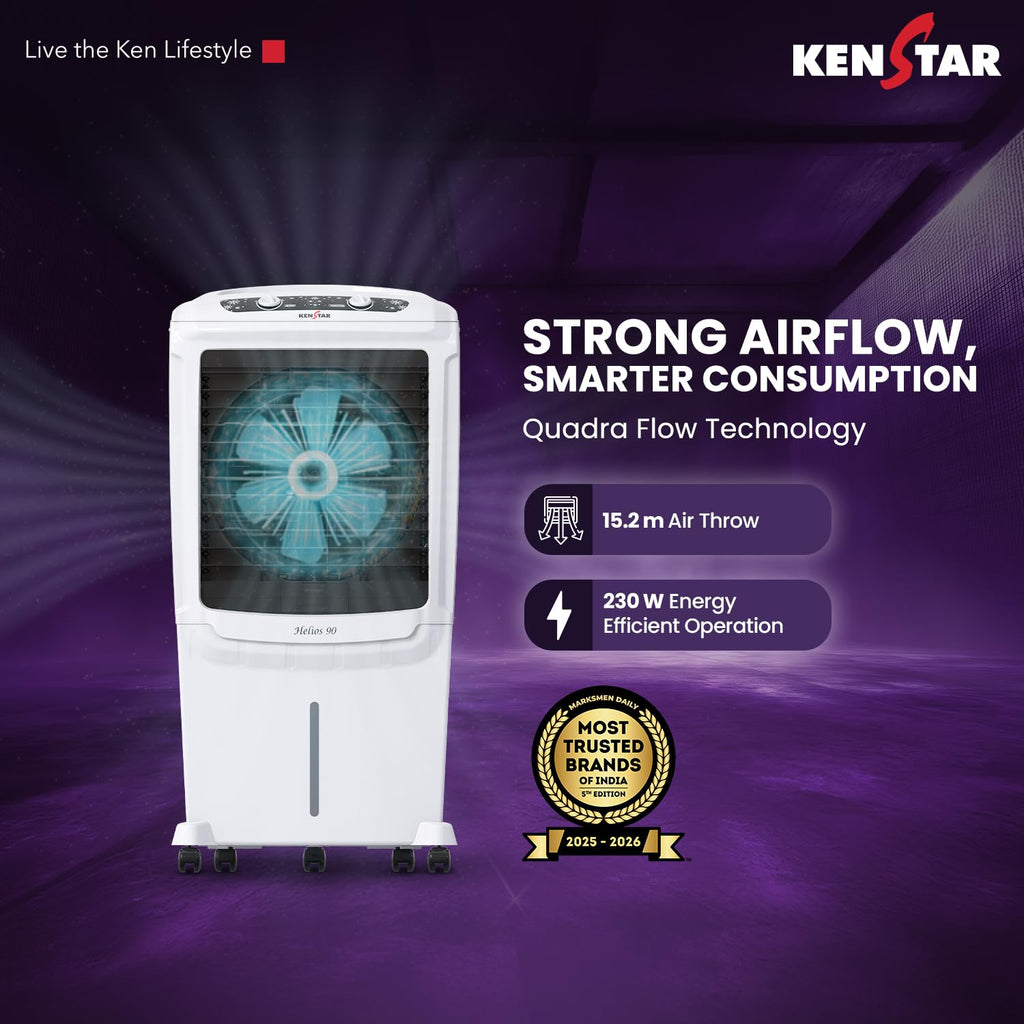 Kenstar Helios HC 90 Desert Air Cooler 90L|5 Star BEE Rated|5 Year Motor & Pump Warranty |50 ft Air Throw I Honeycomb Cooling|3-Speed | Water Level Indicator | Collapsible Louvers I Off White & Black