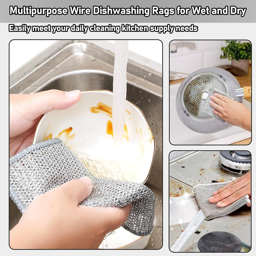 VARENYYA [ 7-pcs ] Wire Dishwashing Rags for Wet and Dry Non-Scratch Steel Wool Scrubber,Cleaning Pads Multi-use Kitchen Wipes, Stainless Steel Miracle Cleaning Cloths Scrub Sponges