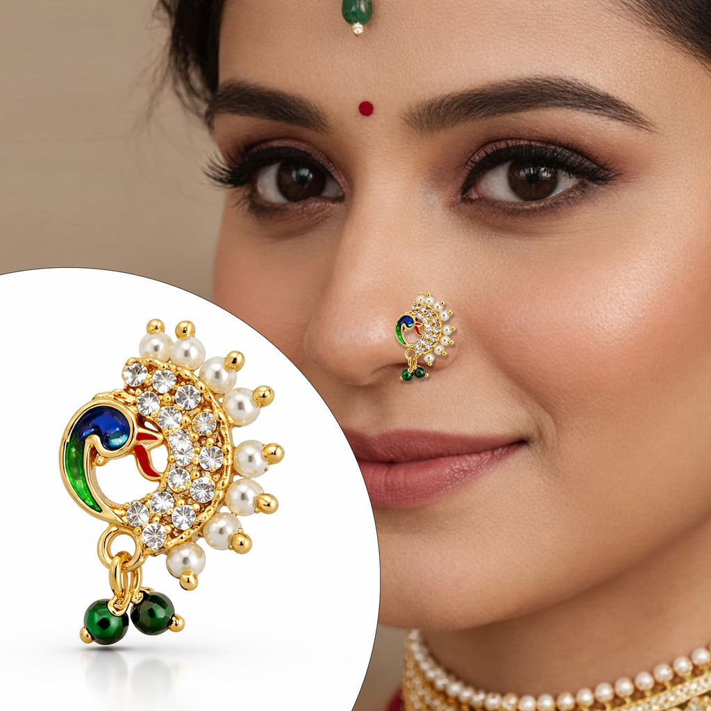 VAMA FASHIONS Gold Plated Maharastrian Marathi Nathni Pearl Nose Ring Pressing Nosepin Bridal Piercing Nosering Clip on Nath For Women (Maharashtrian Nose Pin)