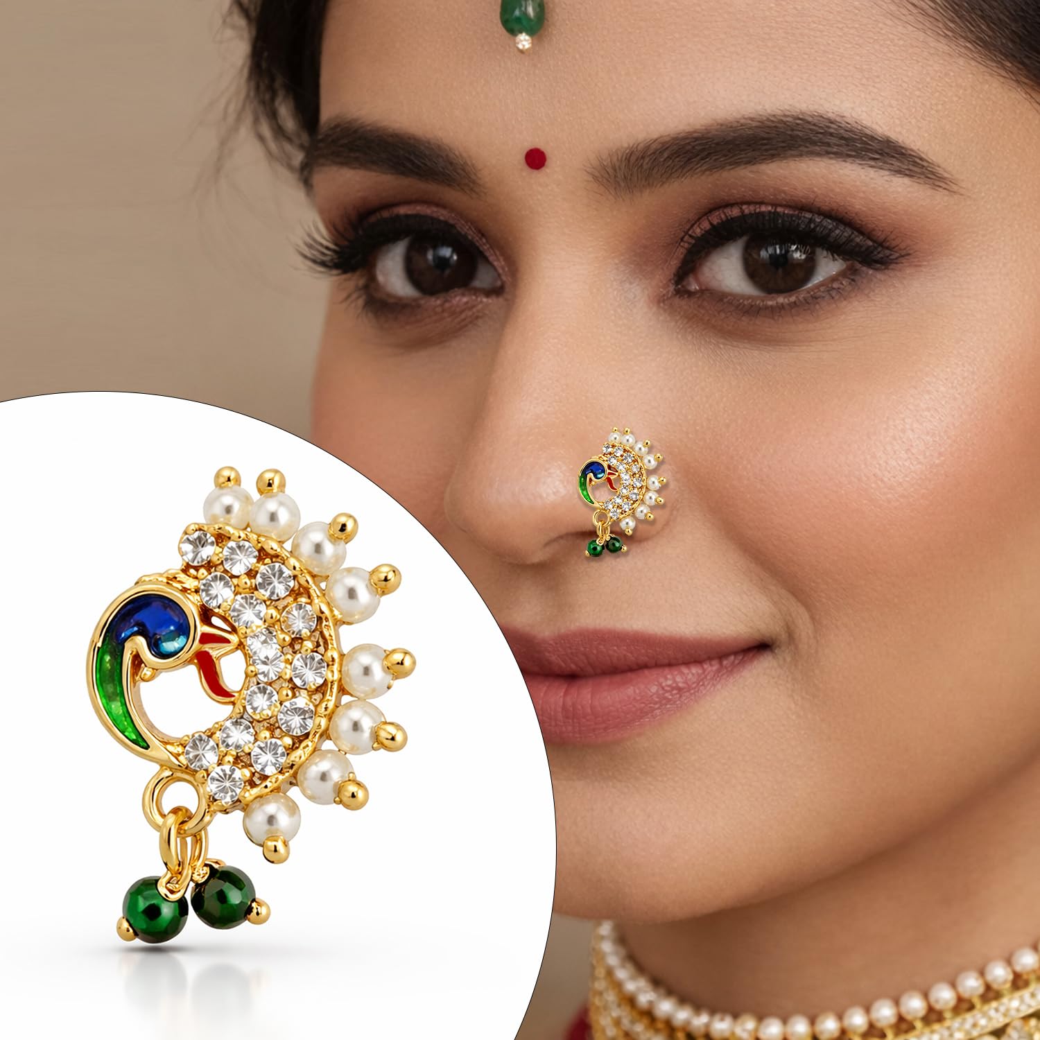 VAMA FASHIONS Gold Plated Maharastrian Marathi Nathni Pearl Nose Ring Pressing Nosepin Bridal Piercing Nosering Clip on Nath For Women (Maharashtrian Nose Pin)