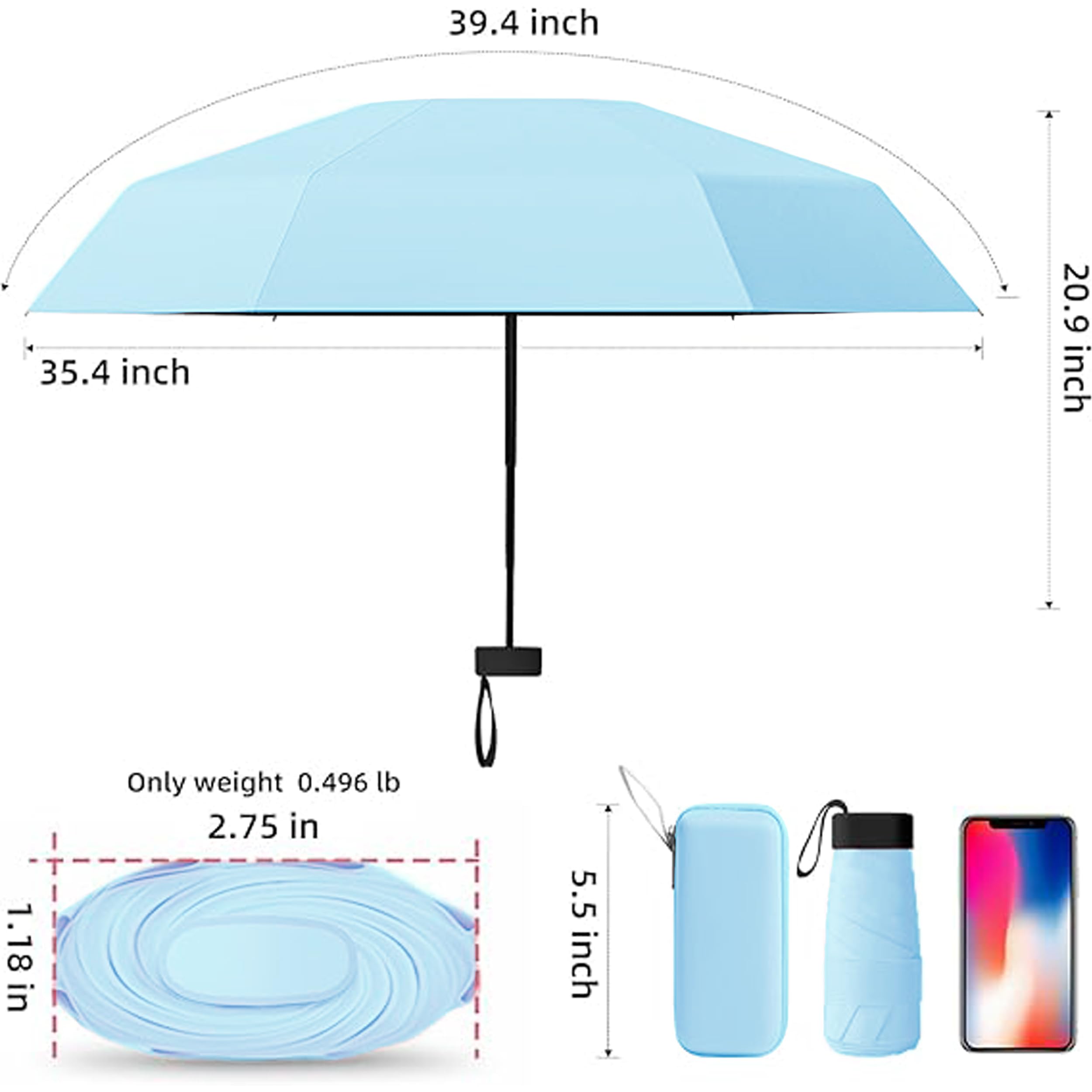 REXERA UV Travel Mini Folding Ultra Compact pastel Umbrella with Case, Manual Open 6 Ribs Lightweight Portable, Small Sun & Rain Pocket Umbrella for Men and Women- Use in Rain & Summer (Skyblue)