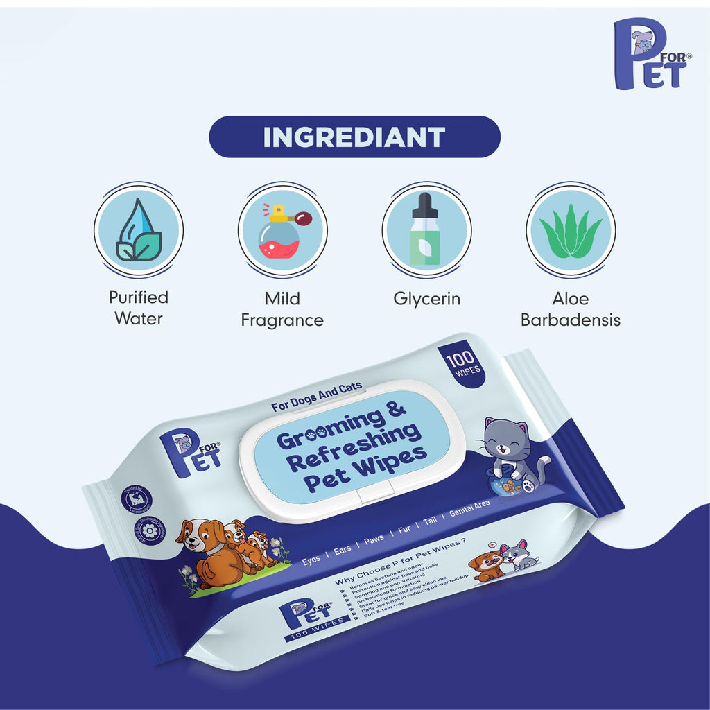 P for PET Grooming Wet Wipes 300 Count(Pack of 3) for Dogs, Cats & All Pets | Purified Water, Glycerin |Anti-Bacterial|Cleansing, Deodorising Wipes