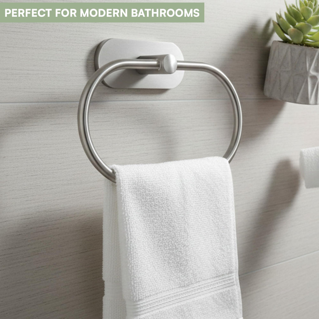 Oslen Magic Sticker Self Adhesive Stainless Steel Towel Ring Holder – Capsule Shape Wall Mount, Chrome Finish, Rust-Resistant, Space-Saving Bathroom Accessory for Hand Towels No Drilling (Pack of 1)