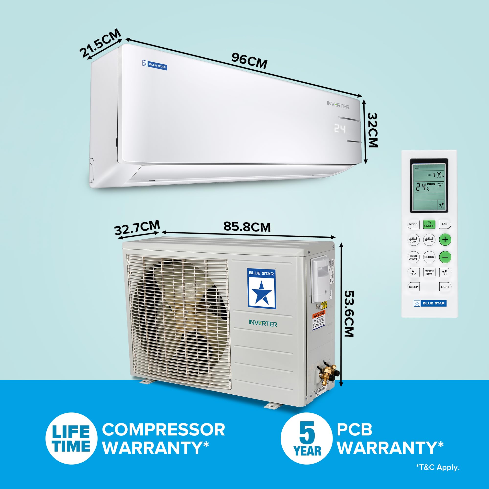Blue Star 1.5 Ton 3 Star, Wi-Fi Smart Inverter Split AC (Copper, 5 in 1 Convertible Cooling, 4-Way Swing, Turbo Cool, Voice Command, IC318YNUS, White)