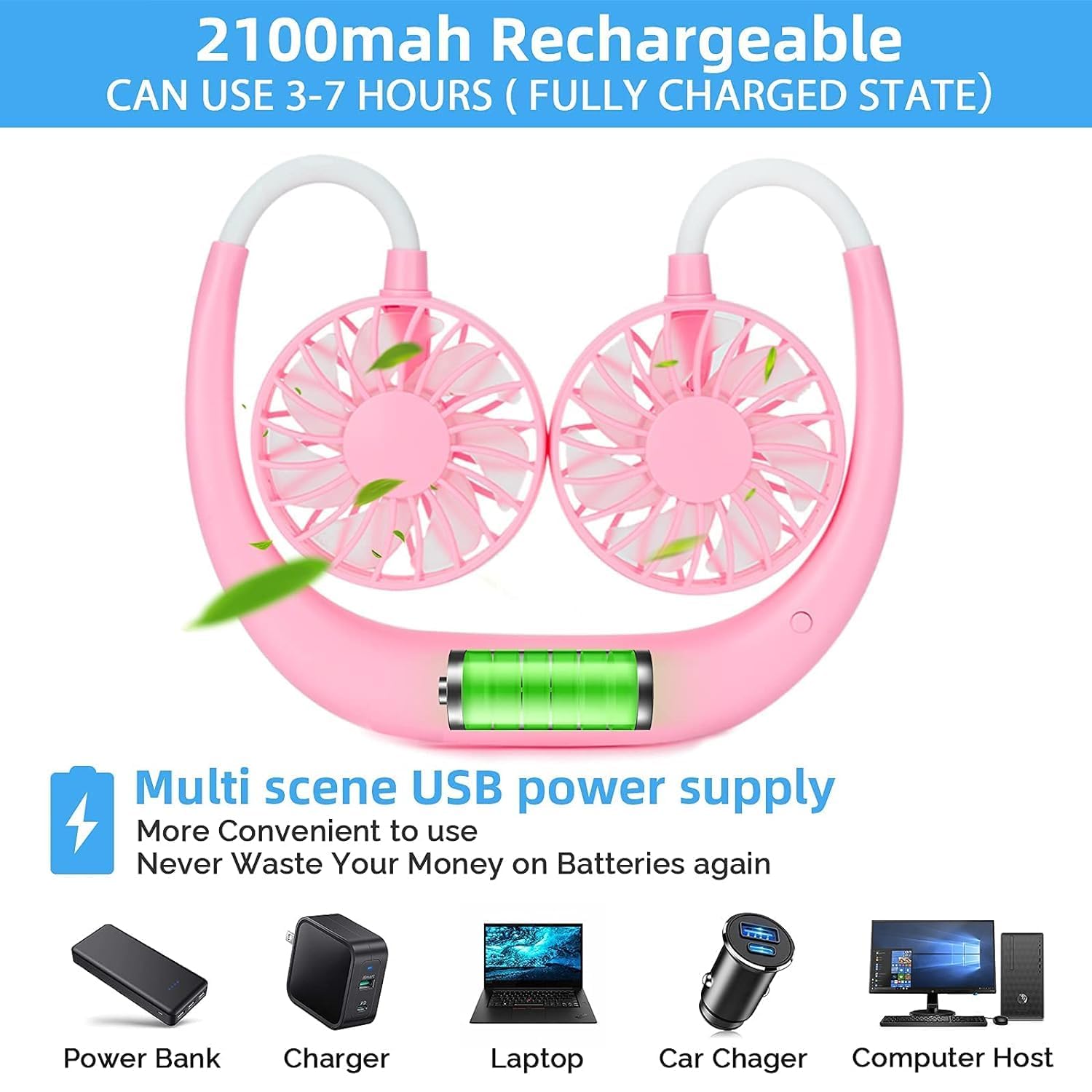 One94Store Portable Neck Fan (Pink) – 1200mAh USB Rechargeable Hands-Free Wearable Fan with 3 Speed Modes, 7-Blade Powerful Cooling, Up to 3 Hours Battery for Travel, Office, Outdoor & Home