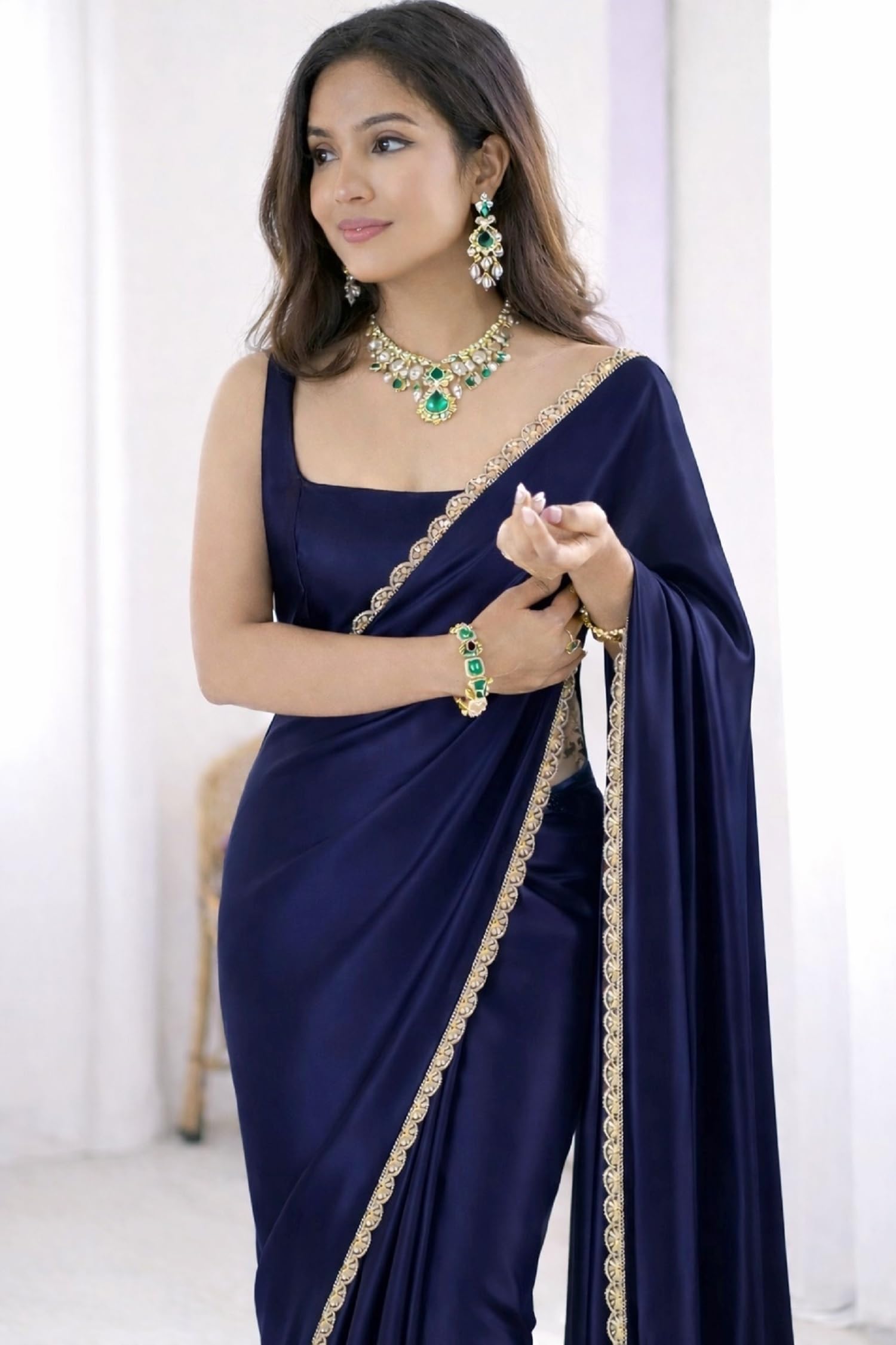 SATAZ Ready To Wear Saree For Women Pre Pleated Satin Silk Readymade With Unstitched Blouse (Navy Blue)