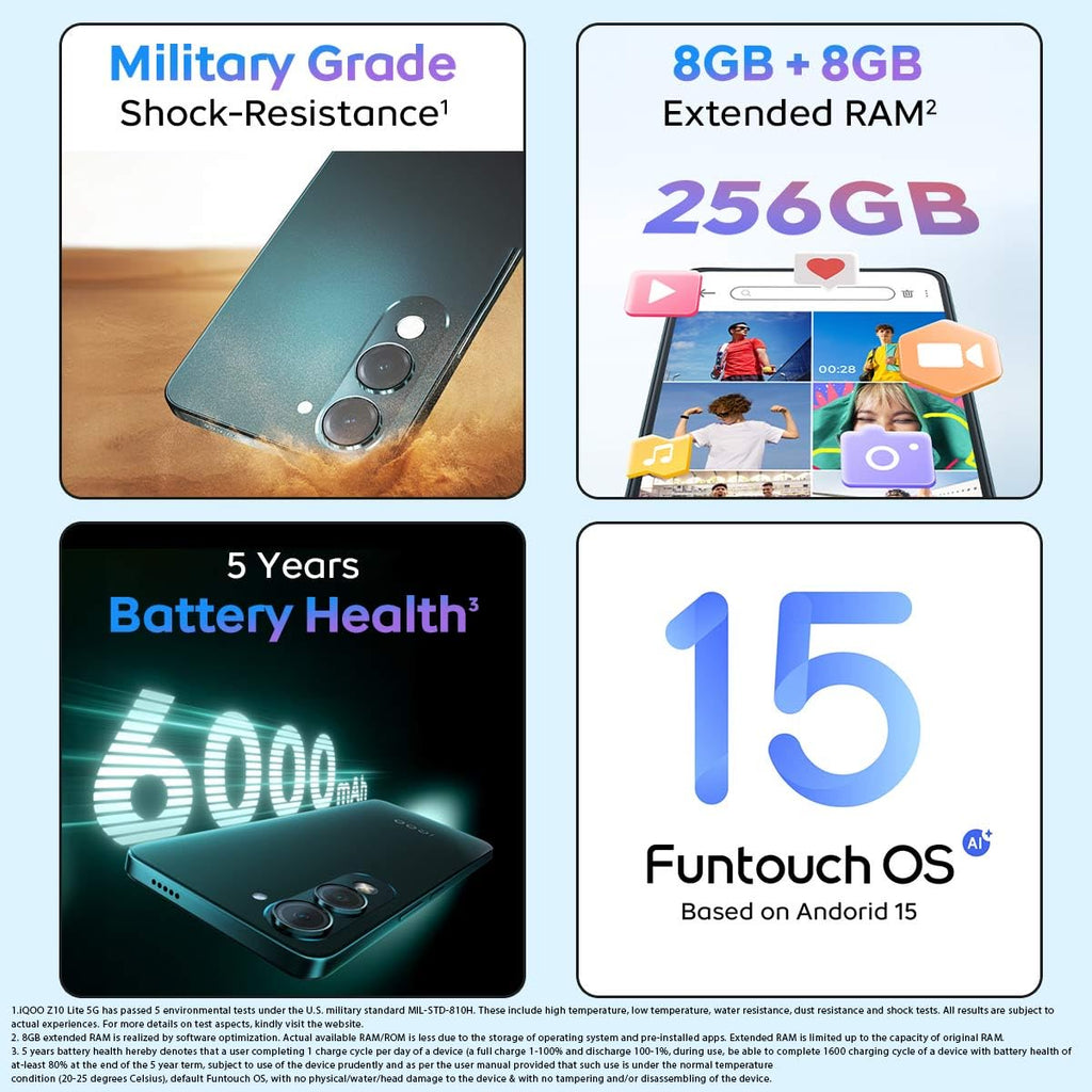 iQOO Z10 Lite 5G (Titanium Blue, 6GB RAM, 128GB Storage) | 6000 mAh Battery | Dimensity 6300 5G Processor with 433K+* AnTuTu Score | IP64 Rated & Military Grade Shock-Resistance*