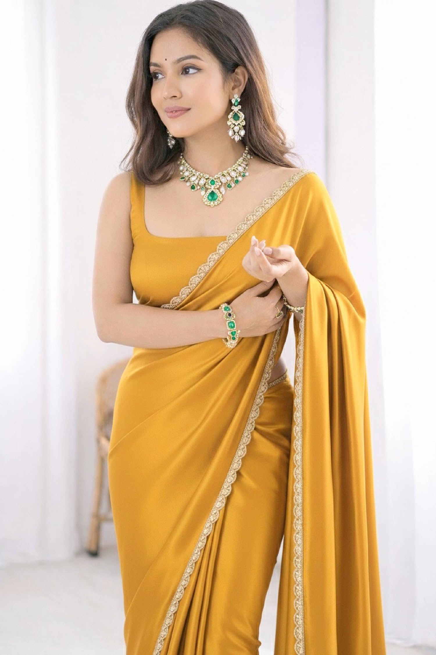 SHOPAZ Ready To Wear Saree For Women Yellow Satin SIlk Readymade Stitched Scalloped Border With Unstitched Blouse