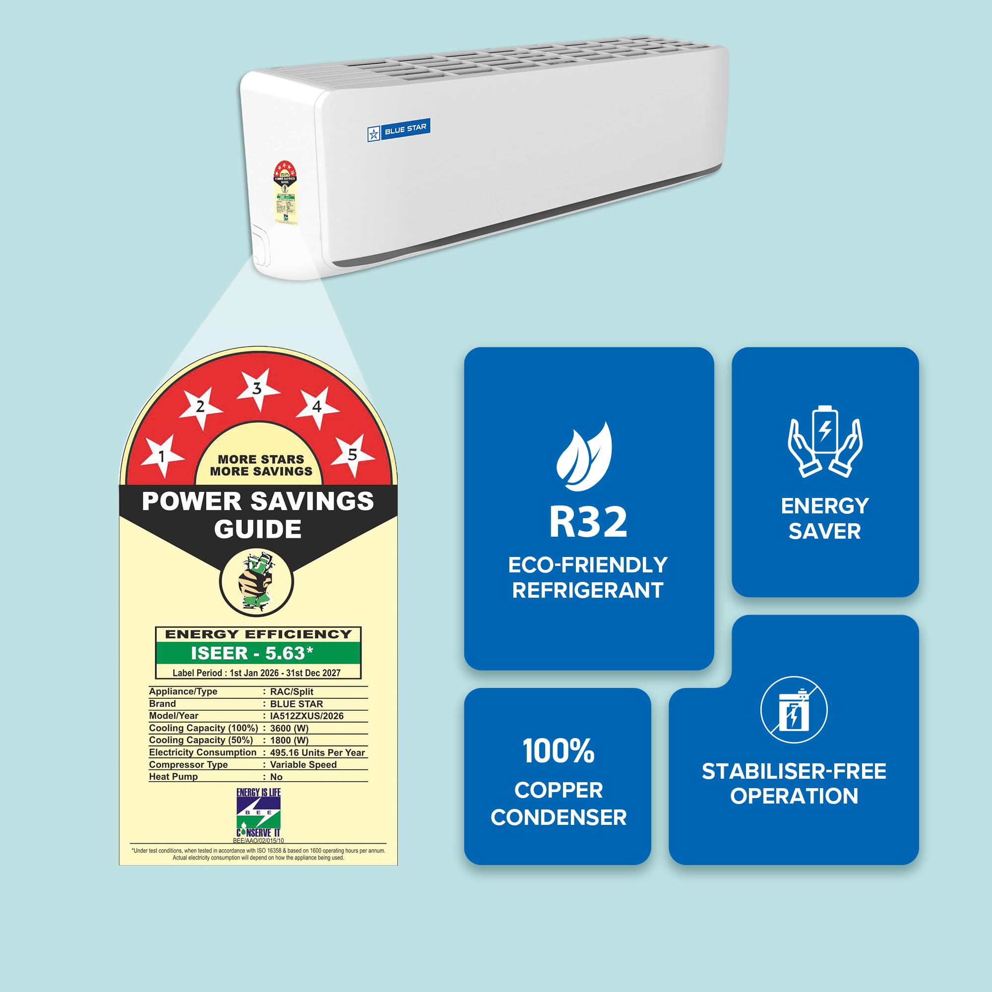 Blue Star 1 Ton 5 Star,New Star rated,Smart Inverter Split AC (Copper, Convertible 5 in 1 Cooling, DigiQ Hepta Sensor, Blue Fins, Self Diagnosis, IA512ZXUS, White)