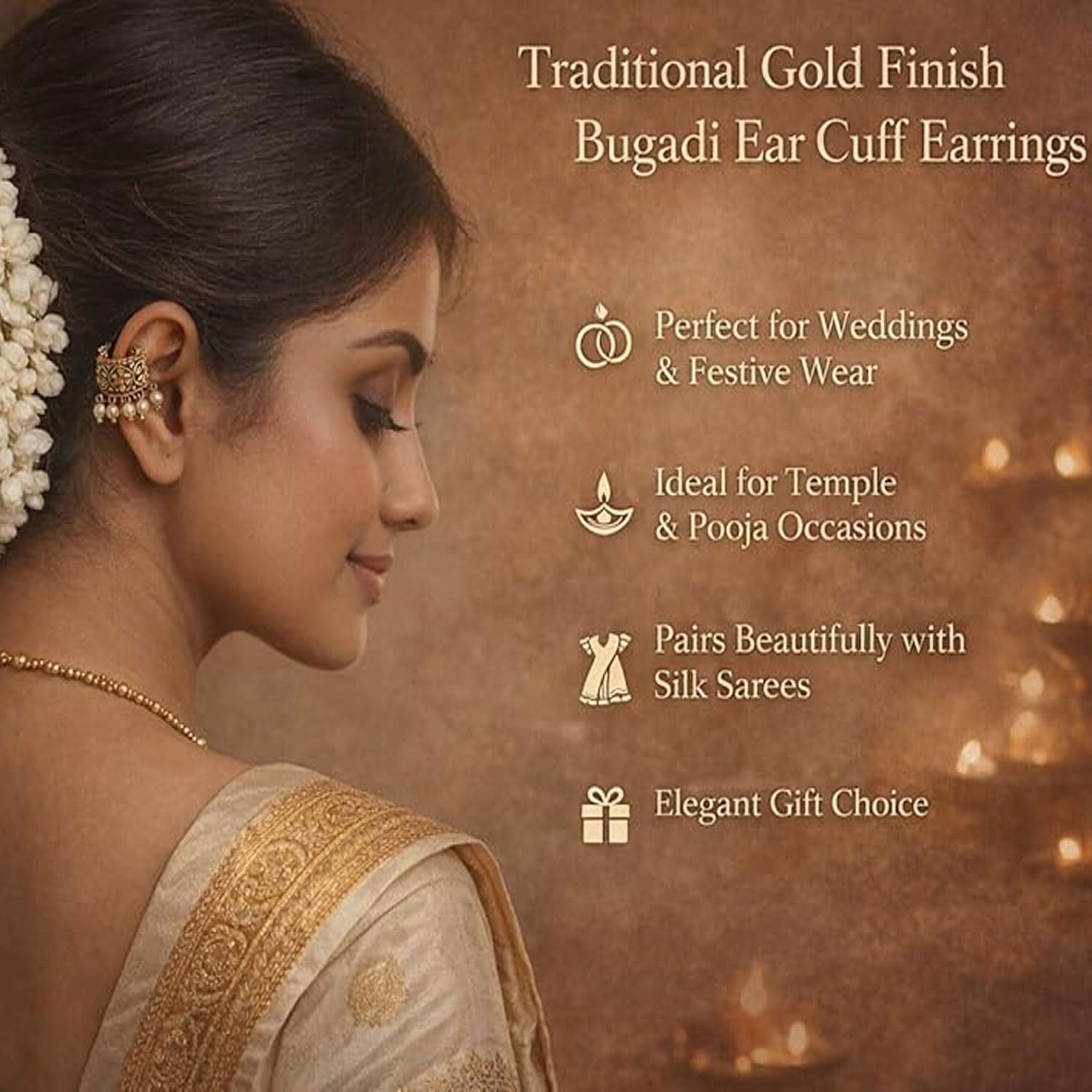 VAMA FASHIONS Traditional 18K Gold Plated South Indian Bugadi Bigadi Ear Cuff Earrings Temple Jewellery Pearl Drop Helix Ear Rings Maharashtrian Jewellery for Women