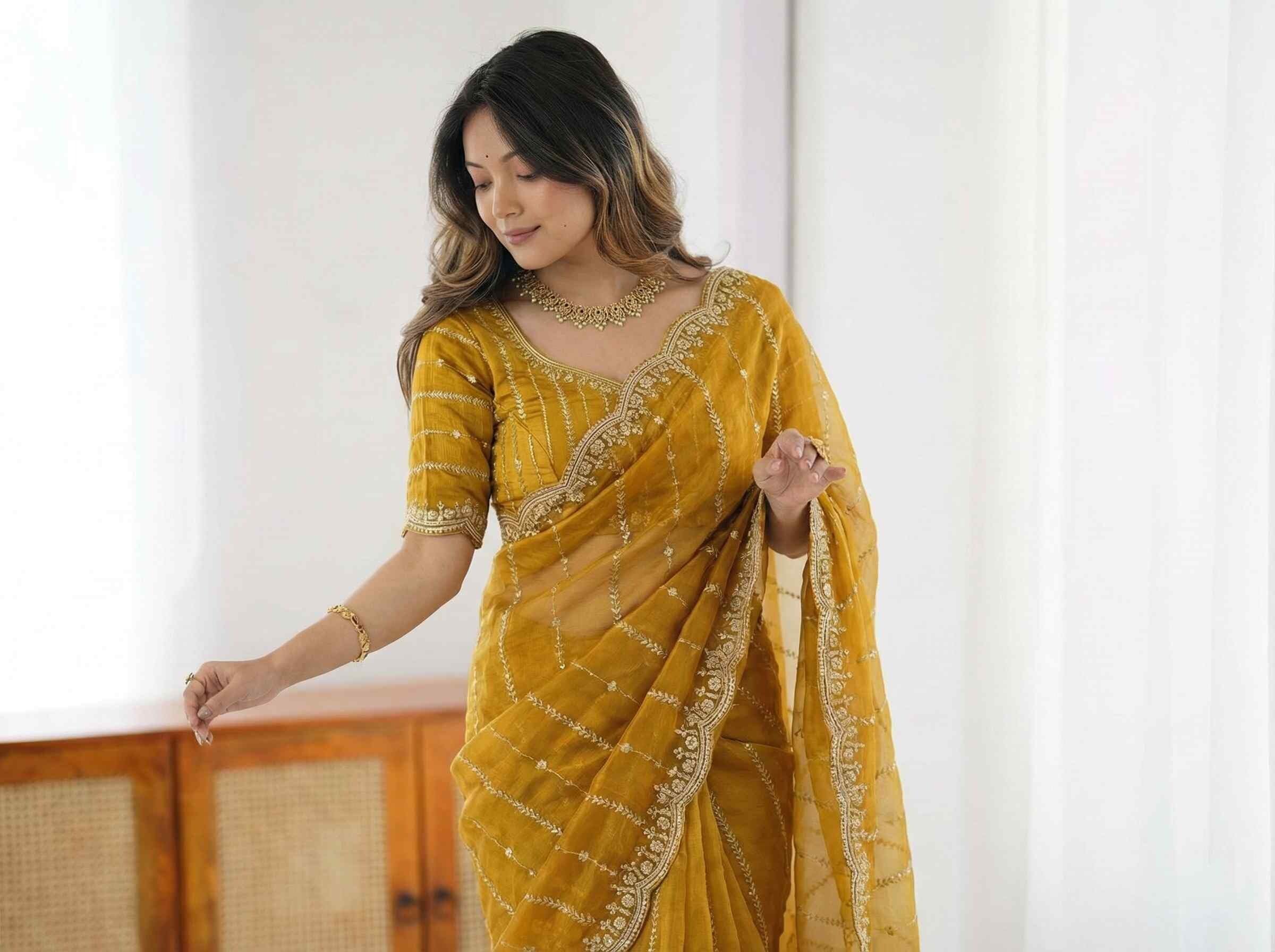 Shiv Textiles Women's Fendy Satin Embroidery Work Saree(CM-911-MUSTARD)