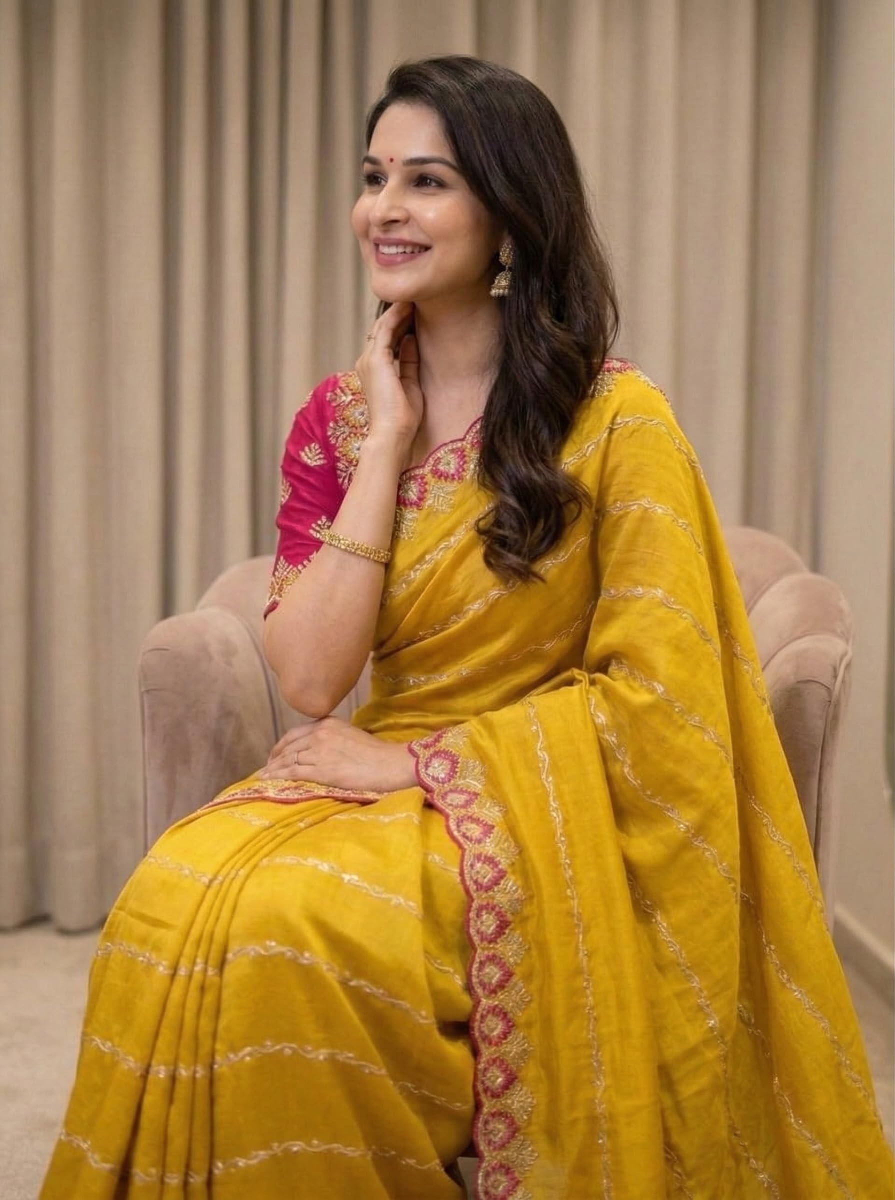 ORHANS Women's Georgette Ethnic Motifs Embroidered Georgette Heavy Work Saree | Heavy Work Wedding Saree | Pure Silk Sari | Fashionable Sarees_Yellow