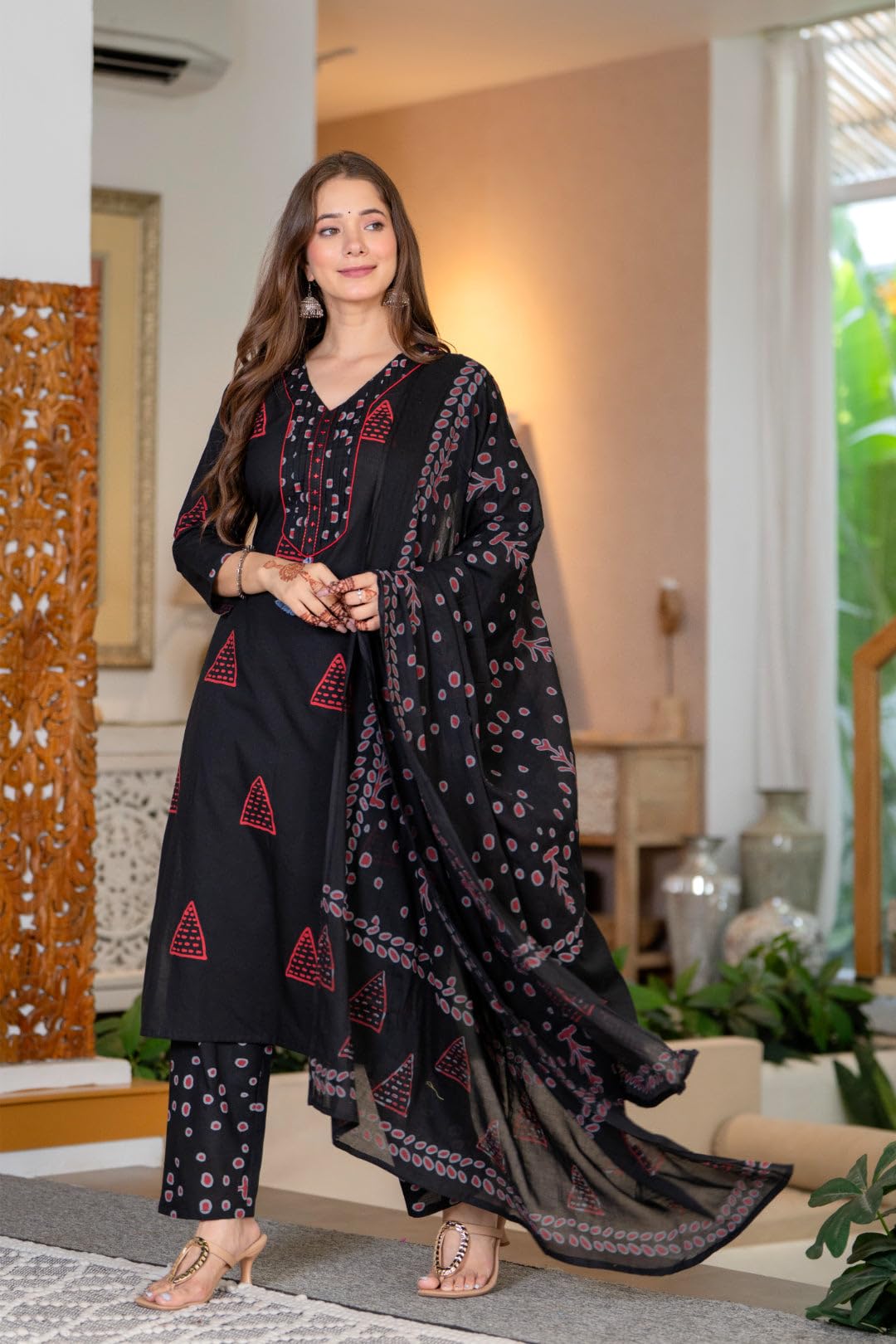 PARTHVI Women's Pure Cotton Printed Straight Kurta Set with Palazzo Pants & Dupatta- Ethnic Wear, Black