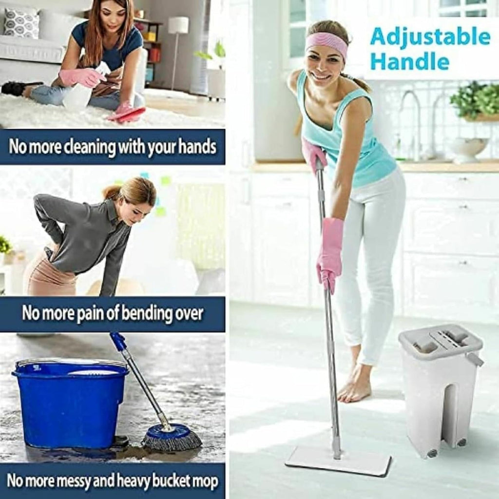 SSS Enterprise Heavy Quality Floor Mop with Bucket, Flexible Kitchen Tap Flat Squeeze Cleaning Supplies, 360° Flexible Quiet, 2 Reusable Pads, Microfiber, Adjustment Office Home Effective