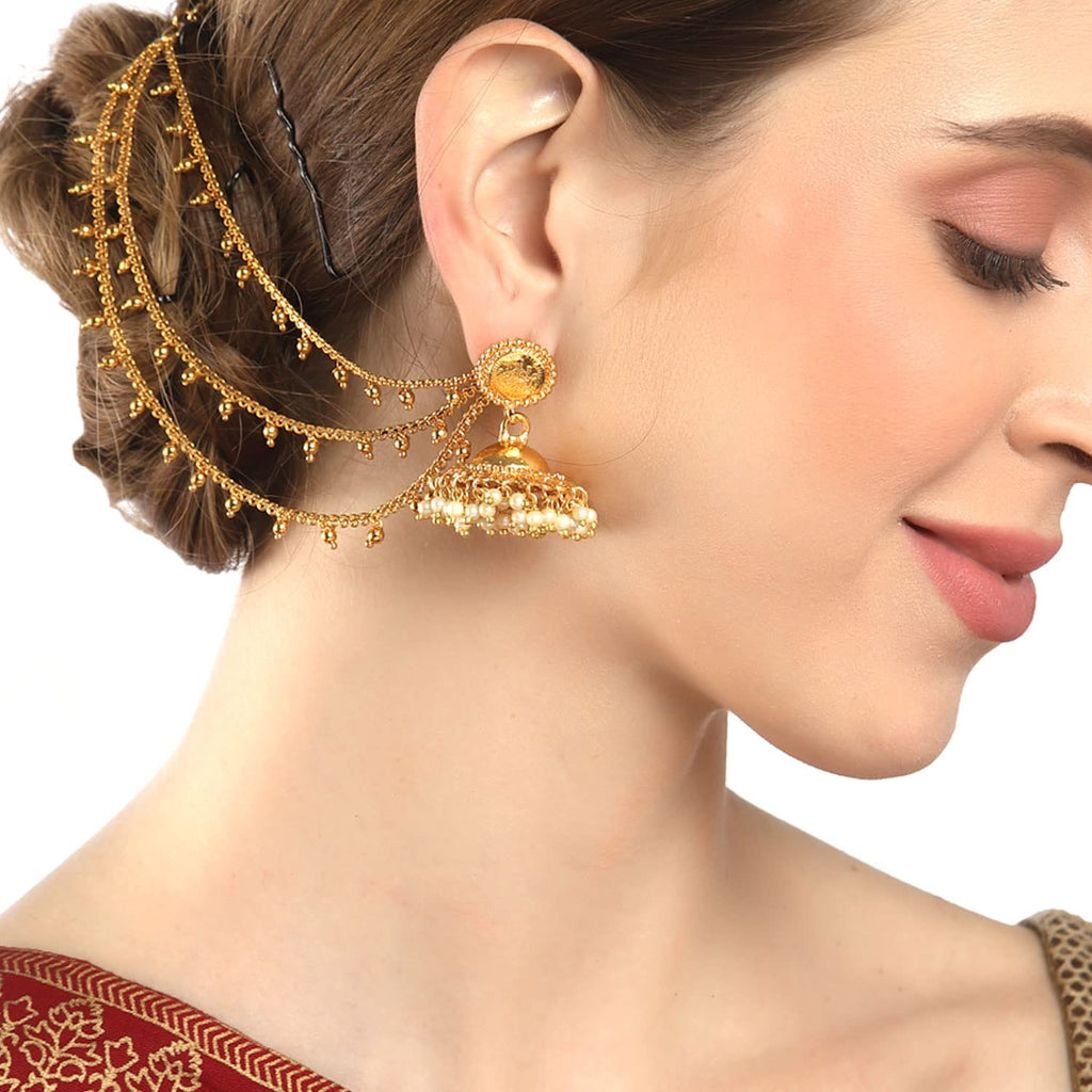 ZENEME Traditional Brass 18 K Gold Plated Wedding Jewellery Bahubali Inspired Long Chain Jhumki Earrings for Women and Girl (Design 4)