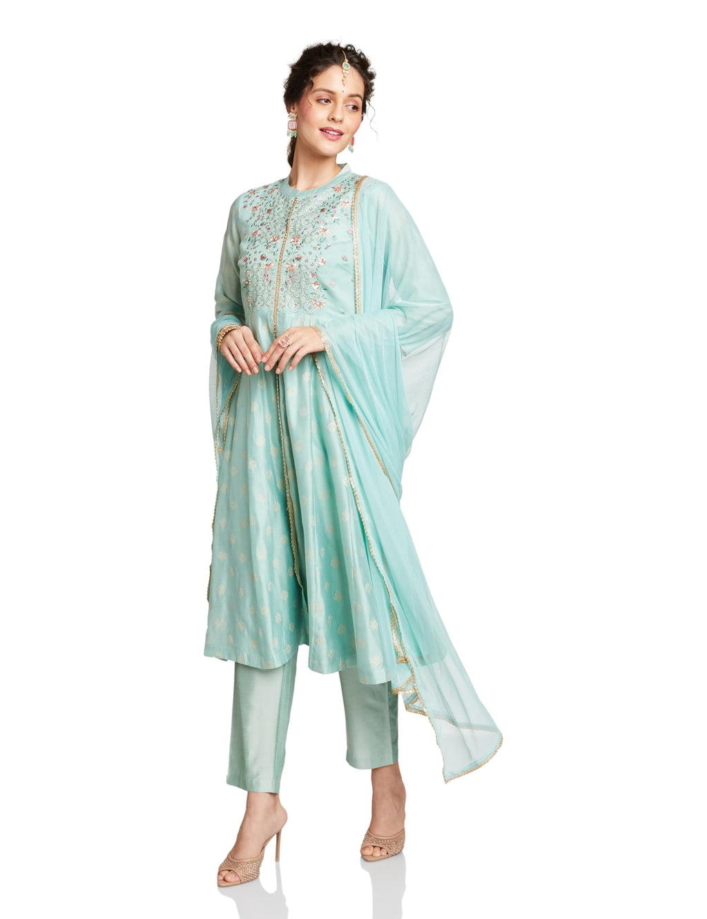 Amazon Brand - Myx Women's Embroidered Anarkali Kurta Set with Mesh Dupatta | Chanderi Blend (AW25-MYX-GEE-KS-23_Sea Green_M)
