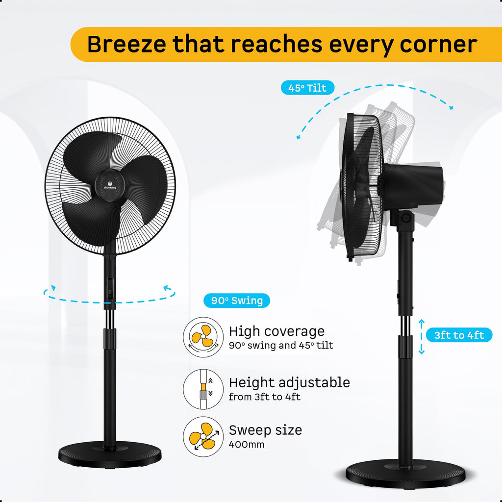 atomberg SilenceAire Hi-Speed | Newly Launched | 400mm BLDC Pedestal Fan | 5-star rated| Home & Office | Silent Stand Fan | 60W | Remote | Height Adjustable | 2 Years Warranty (Midnight Black)
