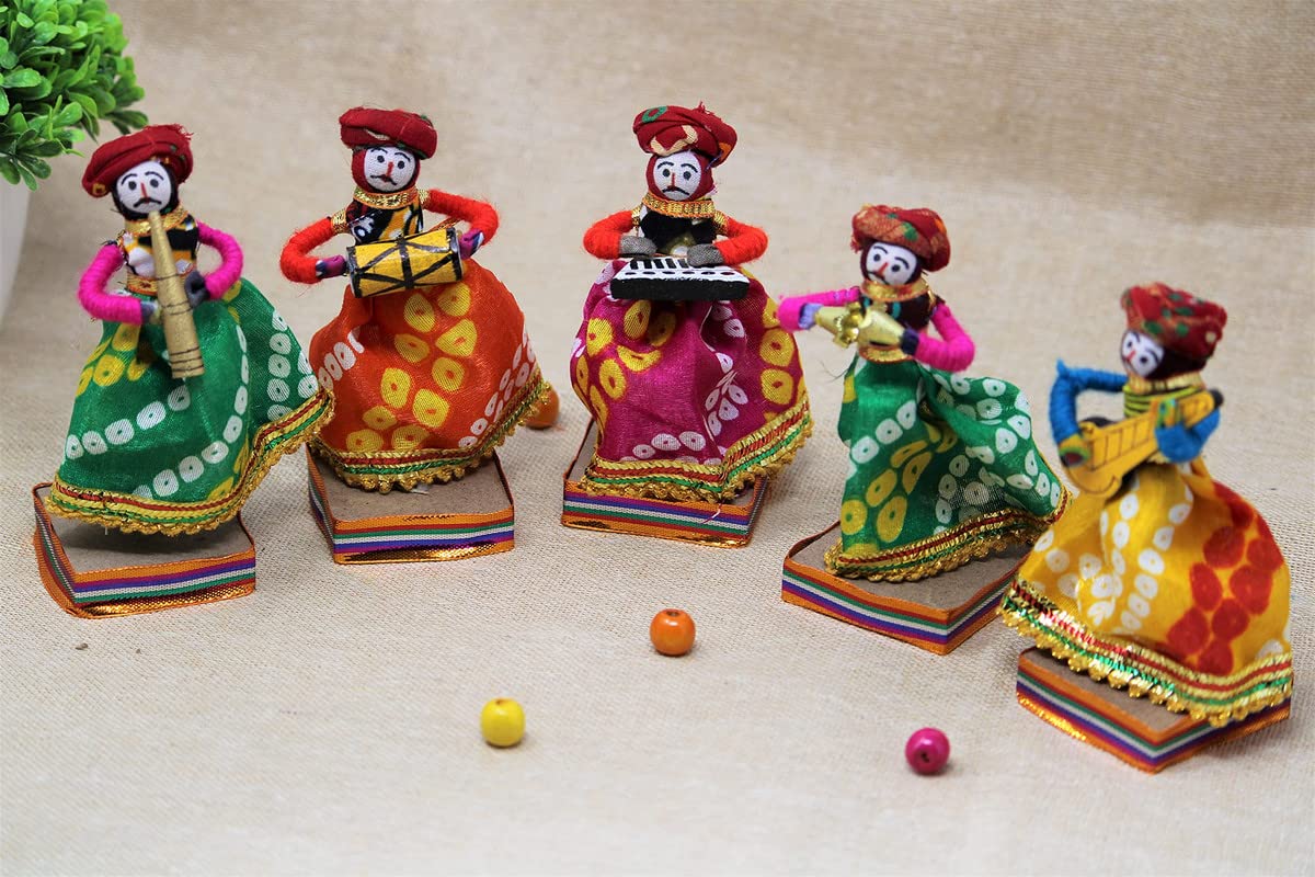 JH Gallery Recycled Material Rajasthani Home Decor Items Musician Bawla Puppets Idol Show Pieces for Home Decor 11 X 28 Cm Multicolor, 5 Pieces (Male Puppets)