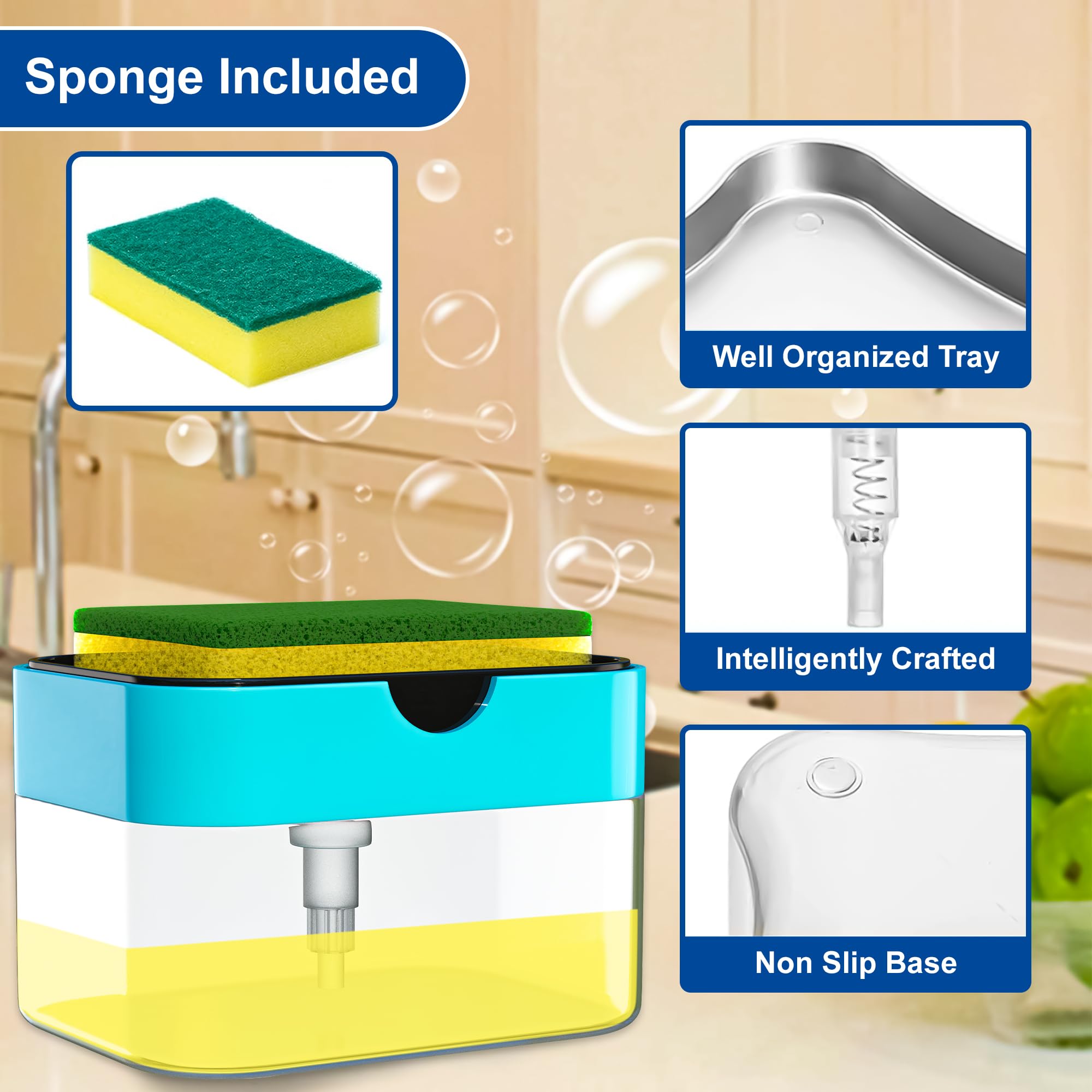 SWAPKART 2 in 1 Soap Dispenser for Bathroom Accessories Dishwasher Liquid Holder Liquid Dispenser Pump 400 ML with Sponge Holder Kitchen Sink Accessories Items (Multi-Color)
